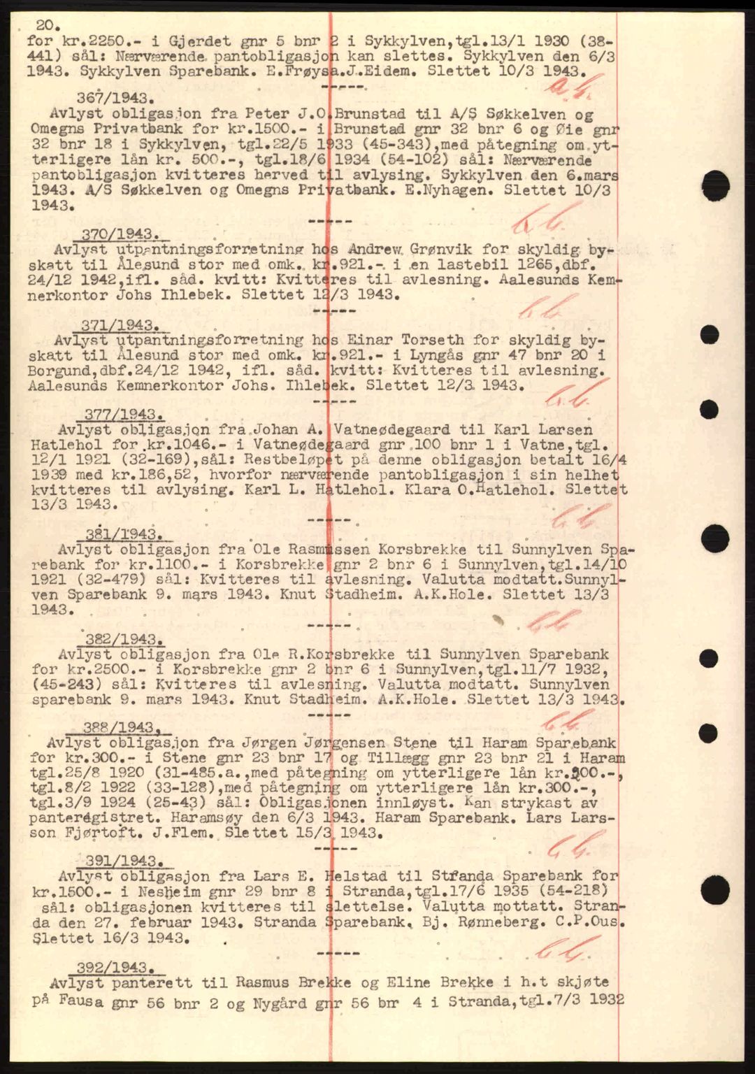 Nordre Sunnmøre sorenskriveri, SAT/A-0006/1/2/2C/2Ca: Mortgage book no. B1-6, 1938-1942, Diary no: : 367/1943