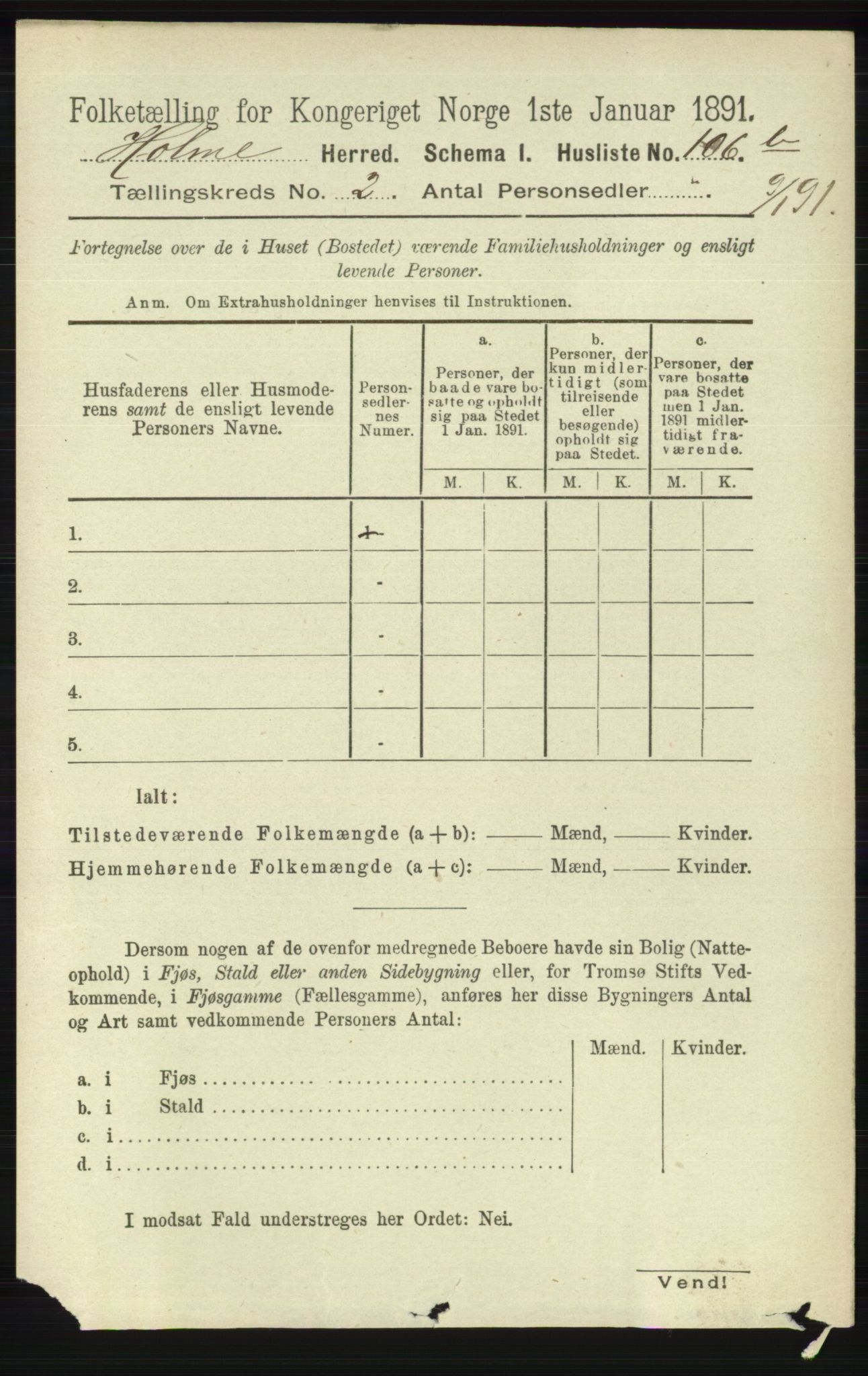 RA, 1891 census for 1020 Holum, 1891, p. 275