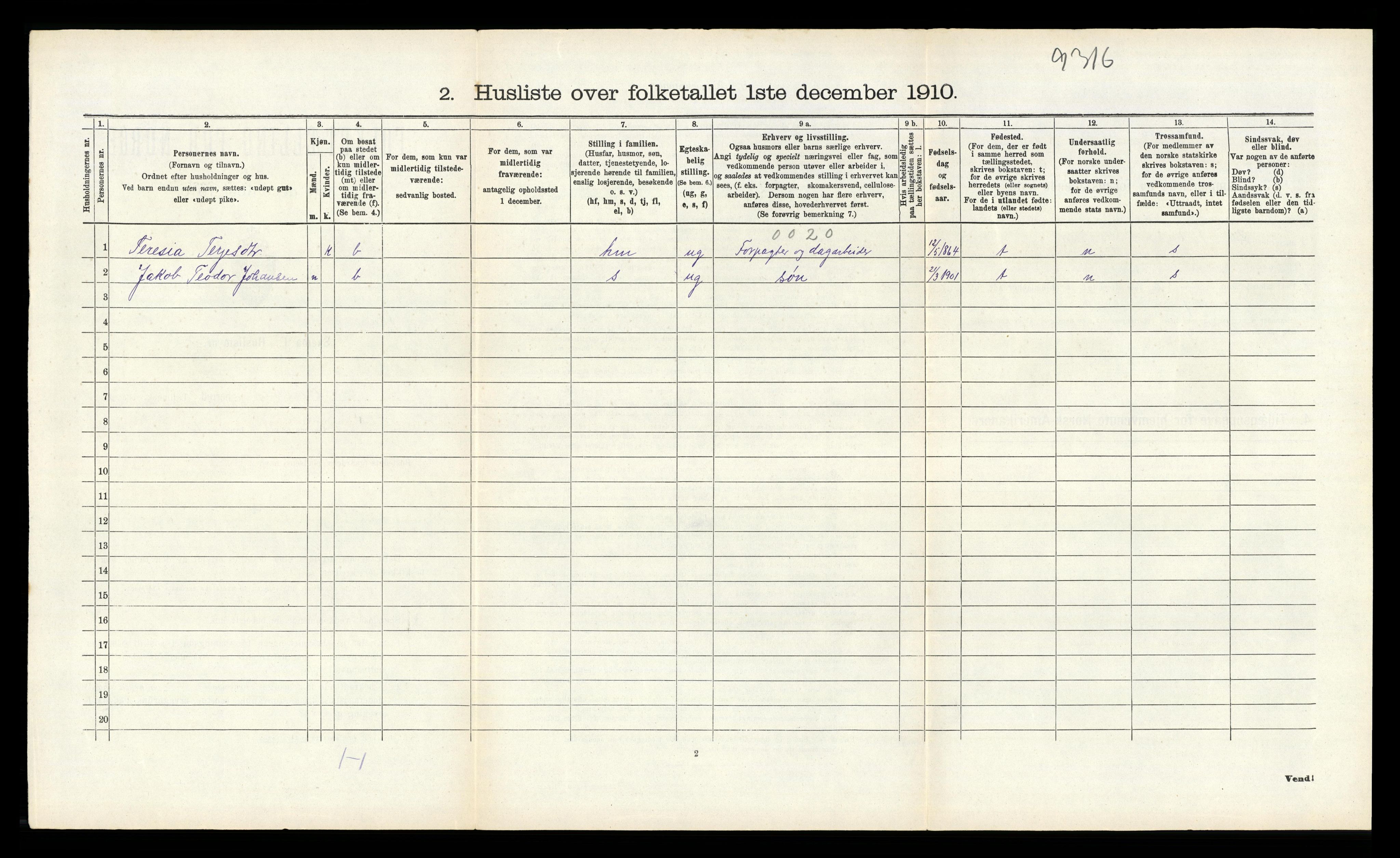 RA, 1910 census for Birkenes, 1910, p. 173