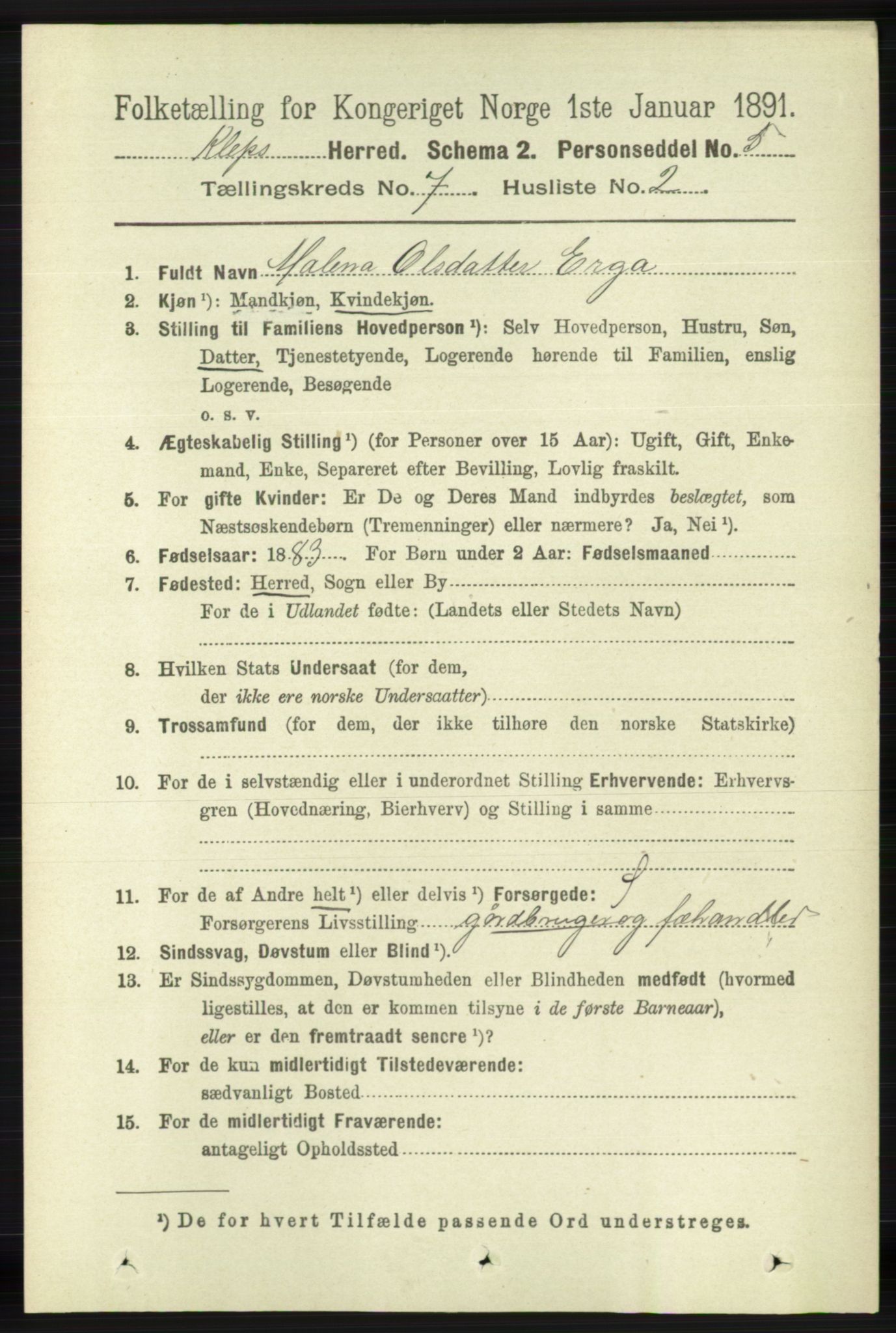 RA, 1891 census for 1120 Klepp, 1891, p. 2123