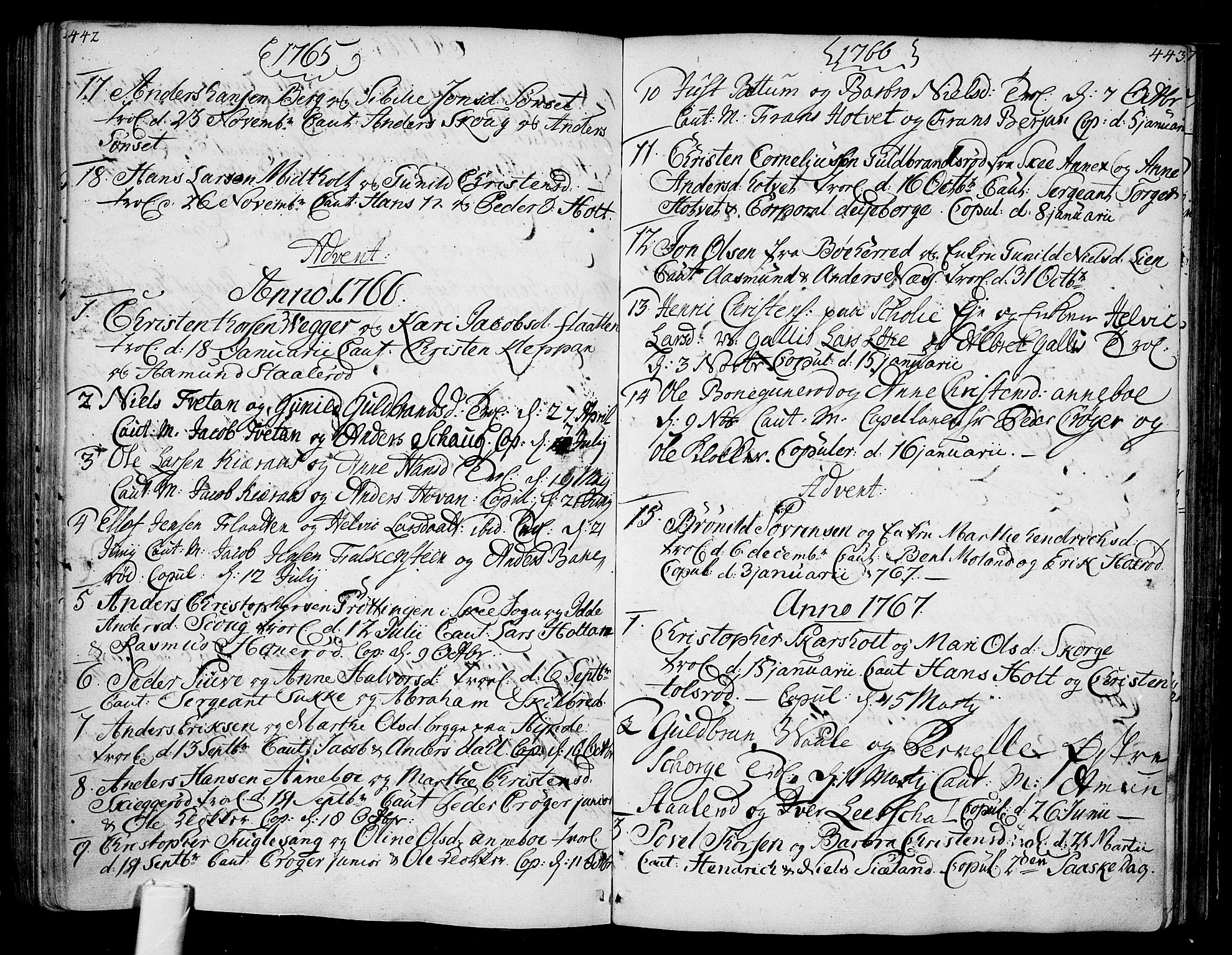 Andebu kirkebøker, SAKO/A-336/F/Fa/L0002: Parish register (official) no. 2, 1733-1802, p. 442-443