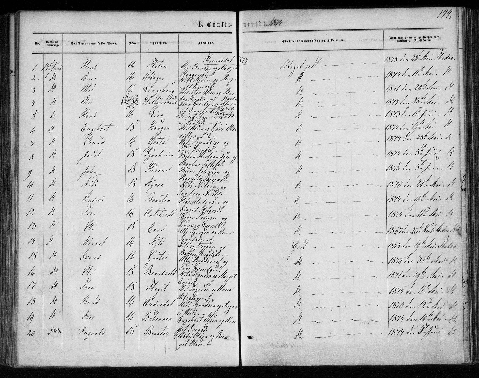 Gol kirkebøker, AV/SAKO-A-226/F/Fa/L0003: Parish register (official) no. I 3, 1863-1875, p. 199