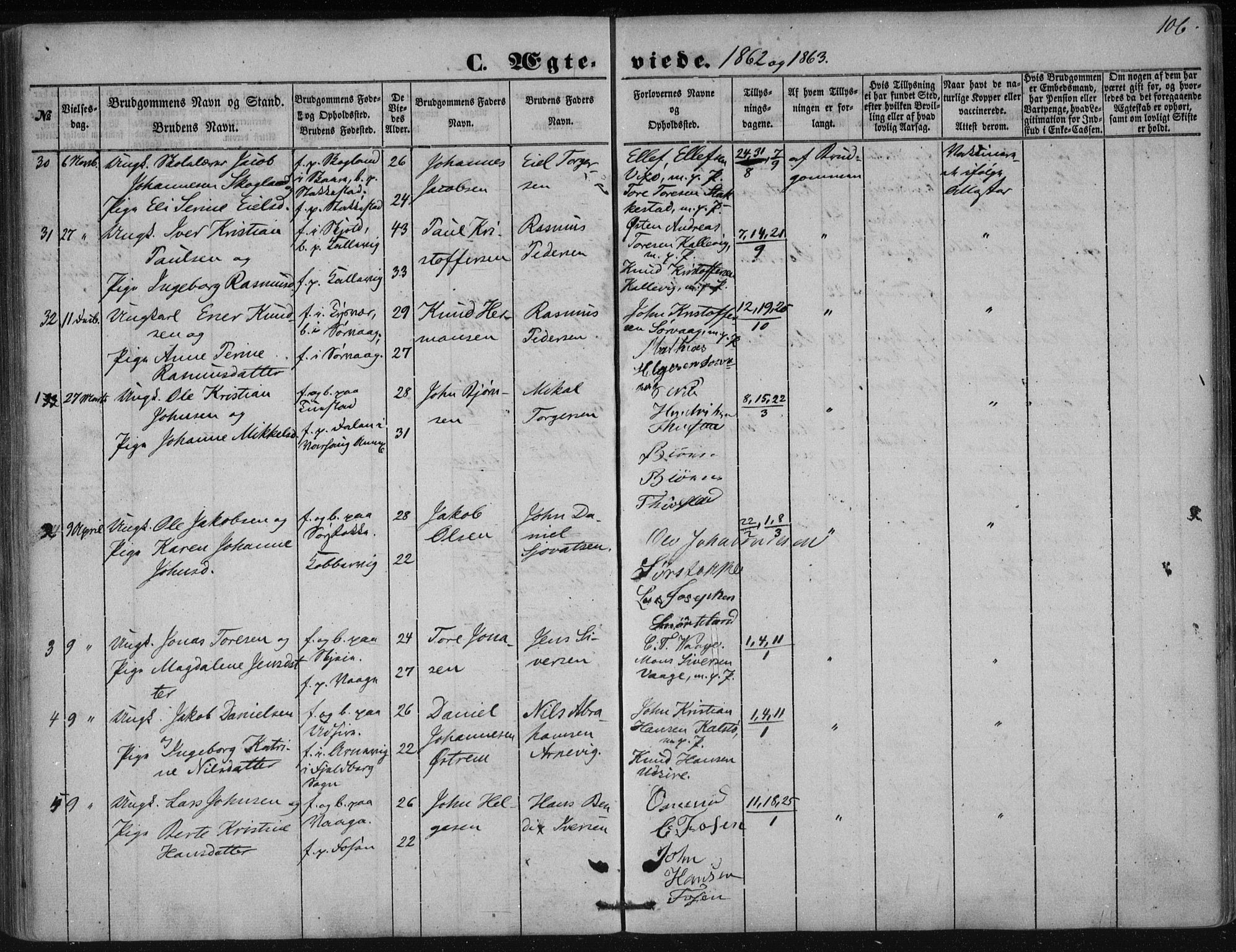 Avaldsnes sokneprestkontor, SAST/A -101851/H/Ha/Haa/L0009: Parish register (official) no. A 9, 1853-1865, p. 106