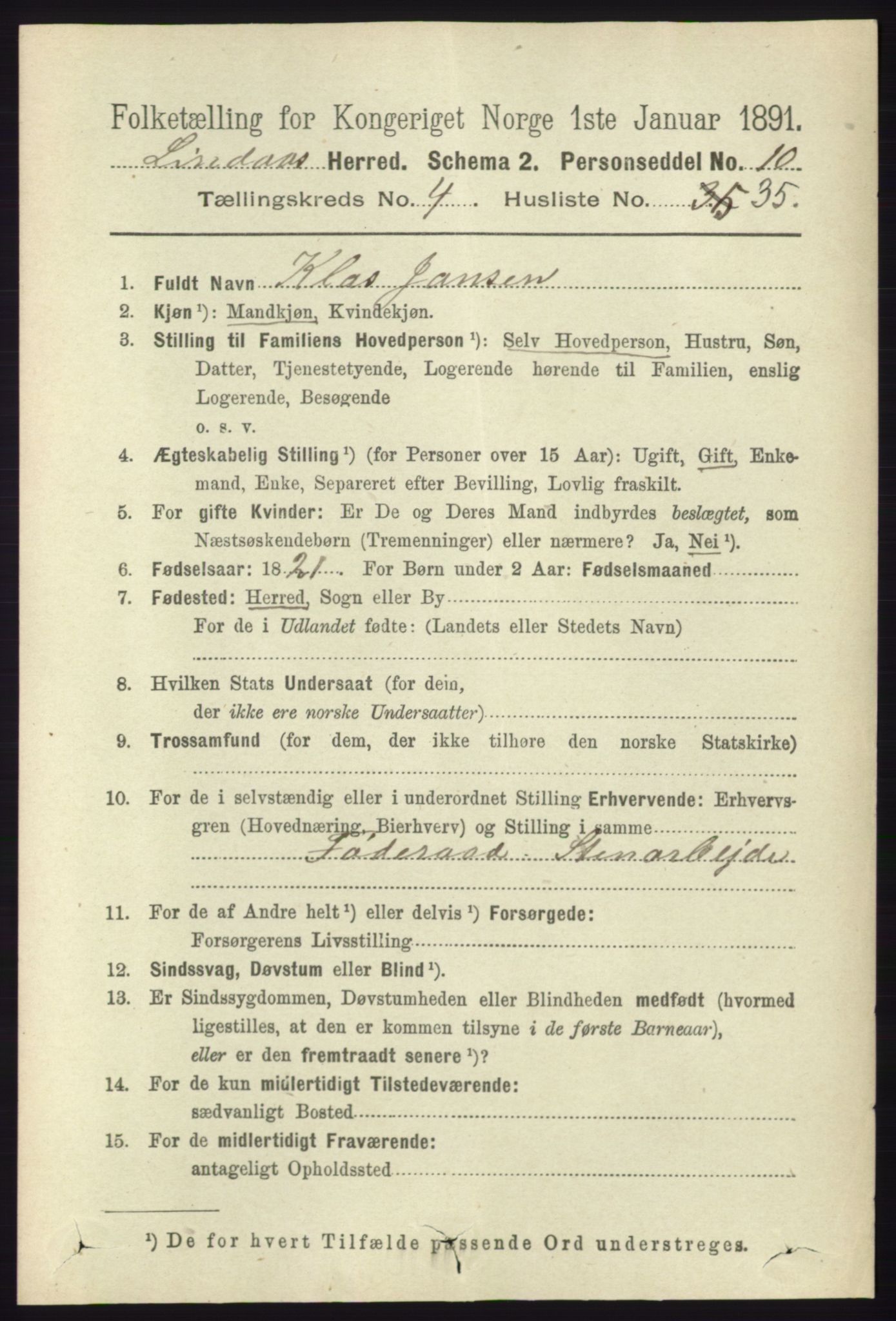 RA, 1891 census for 1263 Lindås, 1891, p. 1392