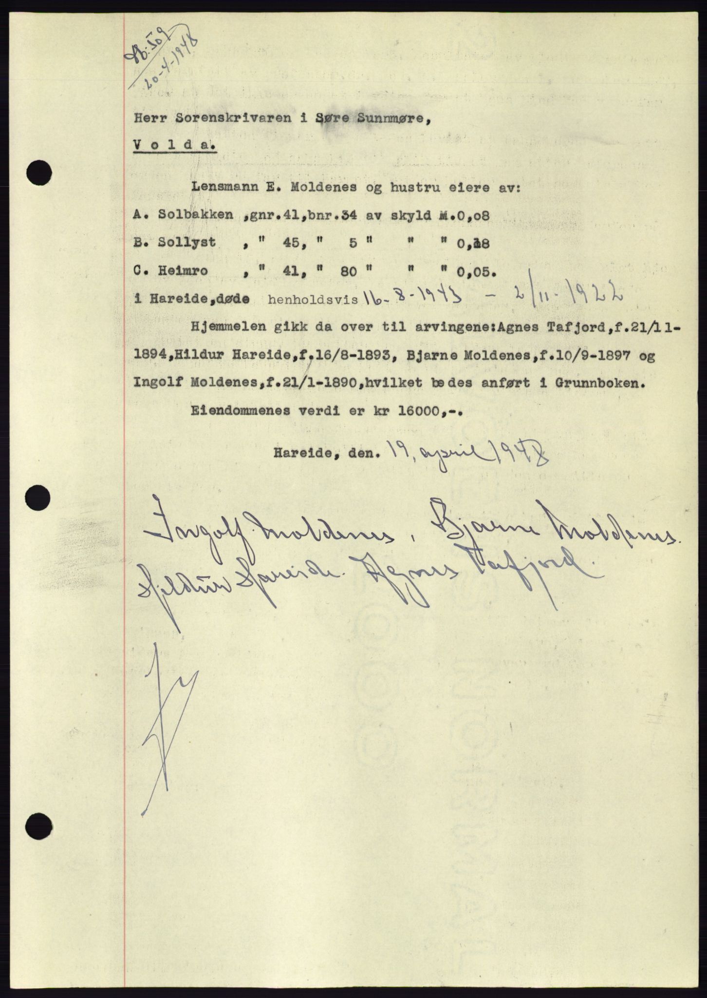 Søre Sunnmøre sorenskriveri, AV/SAT-A-4122/1/2/2C/L0082: Mortgage book no. 8A, 1948-1948, Diary no: : 509/1948