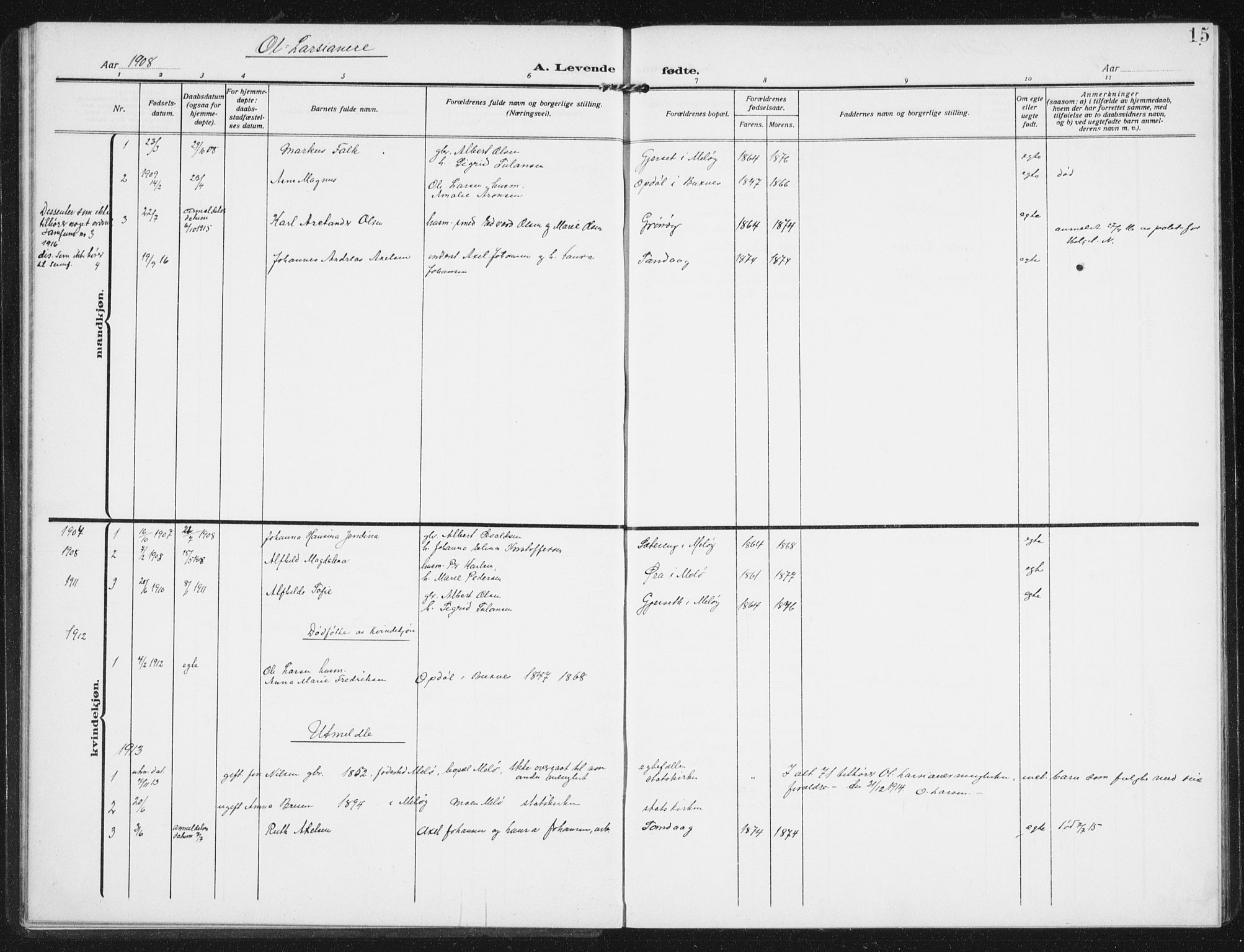 Ministerialprotokoller, klokkerbøker og fødselsregistre - Nordland, AV/SAT-A-1459/843/L0629: Parish register (official) no. 843A04, 1907-1925, p. 15