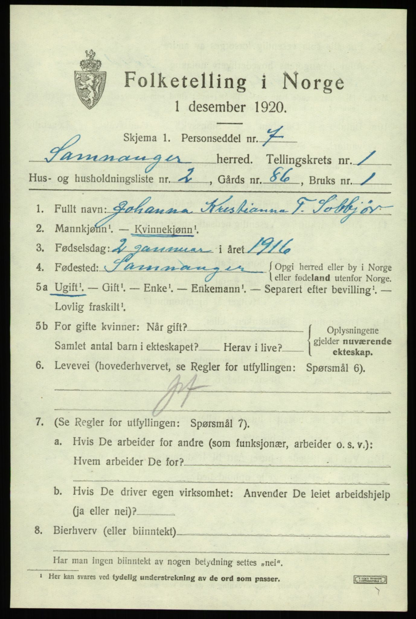 SAB, 1920 census for Samnanger, 1920, p. 871