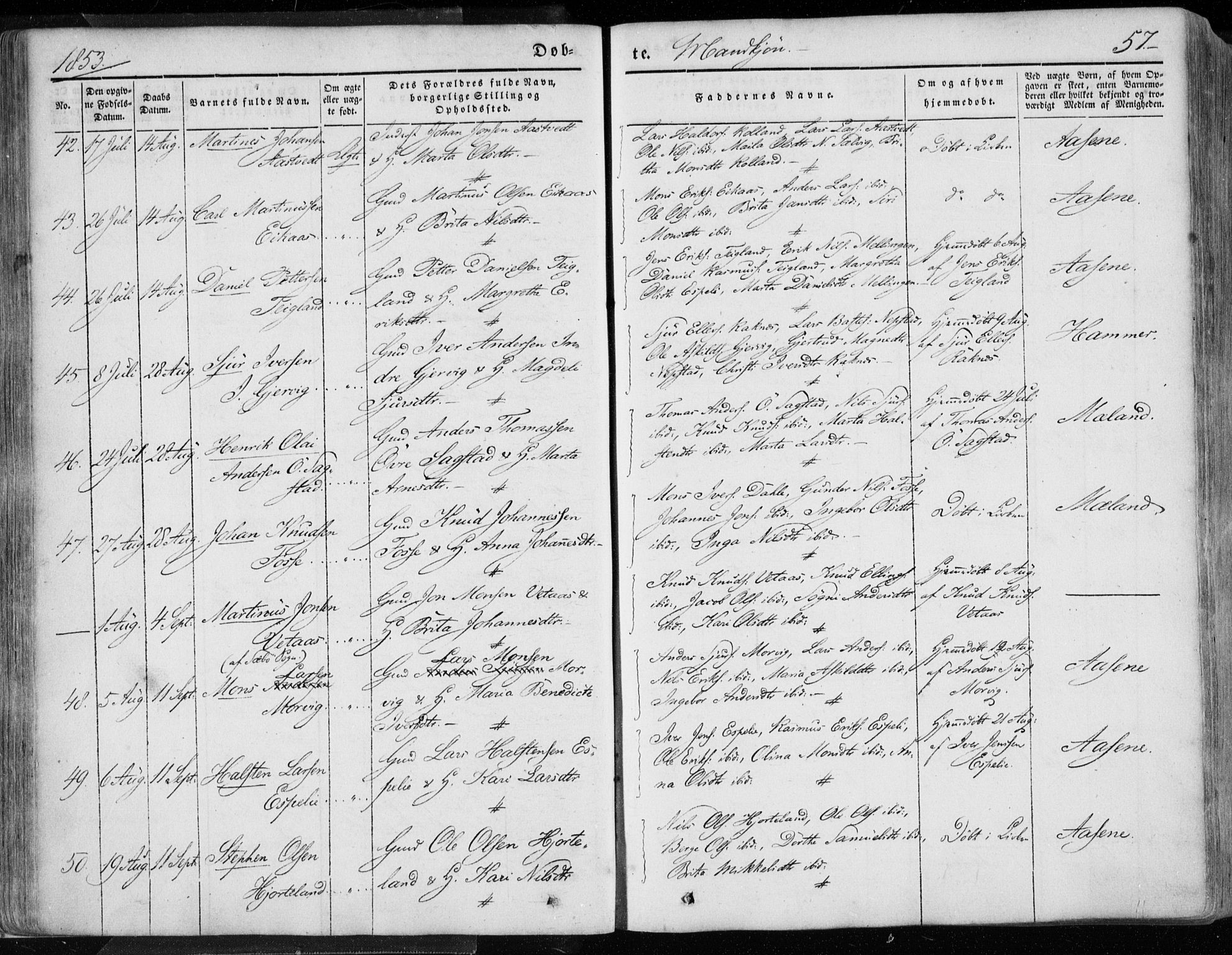 Hamre sokneprestembete, AV/SAB-A-75501/H/Ha/Haa/Haaa/L0013: Parish register (official) no. A 13, 1846-1857, p. 57