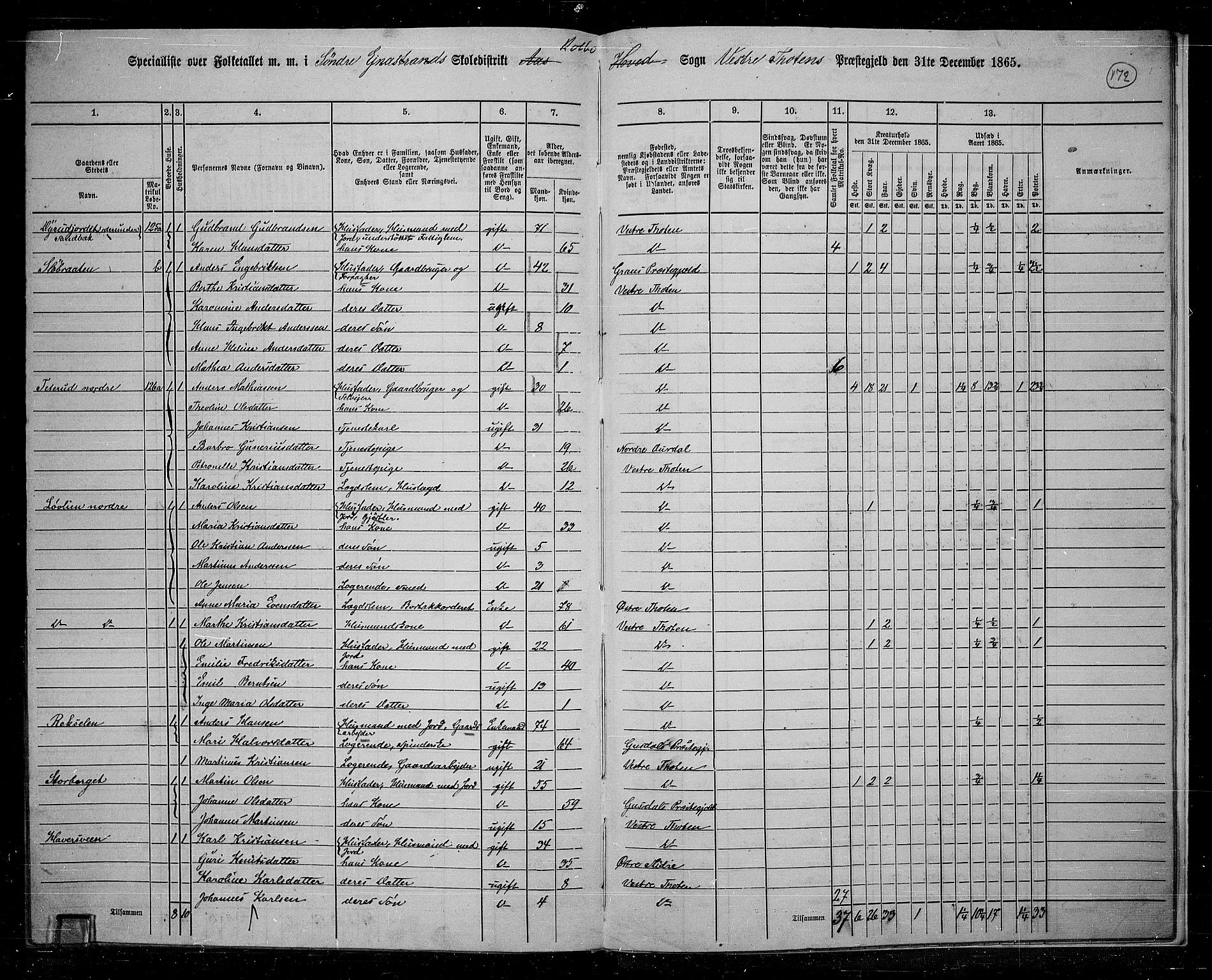 RA, 1865 census for Vestre Toten, 1865, p. 155