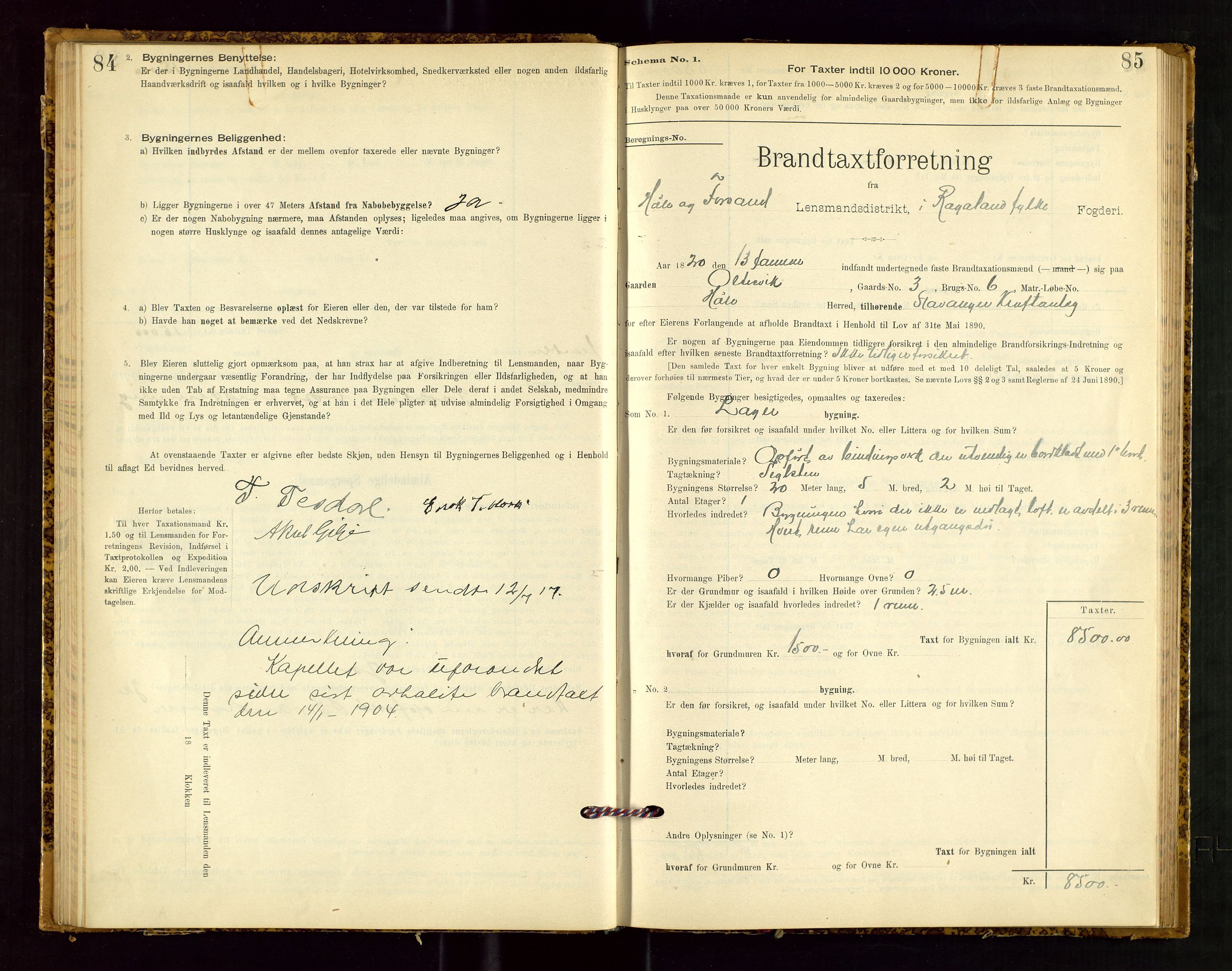 Høle og Forsand lensmannskontor, SAST/A-100127/Gob/L0001: "Brandtaxtprotokol" - skjematakst, 1897-1940, p. 84-85