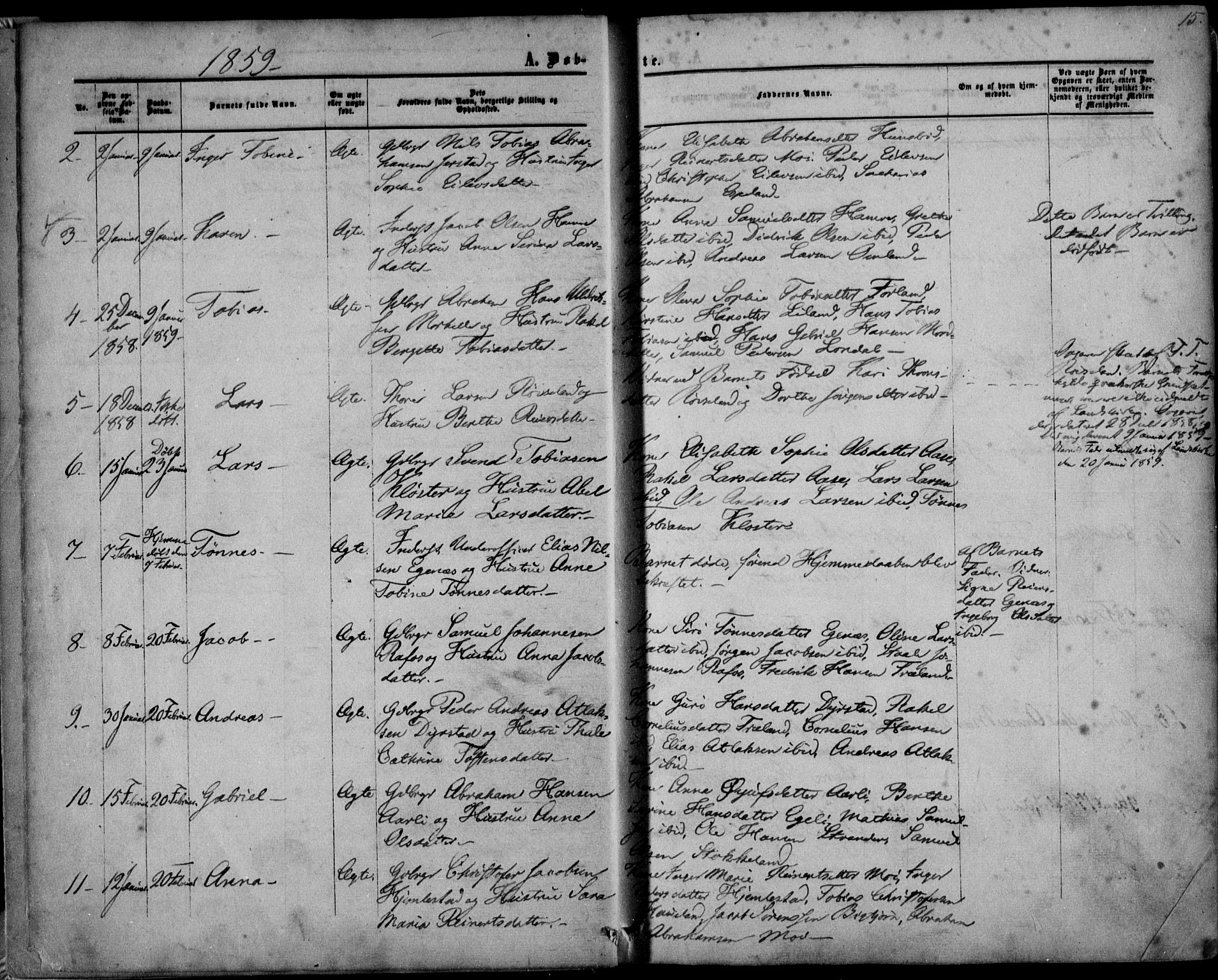 Kvinesdal sokneprestkontor, AV/SAK-1111-0026/F/Fa/Fab/L0006: Parish register (official) no. A 6, 1857-1869, p. 15