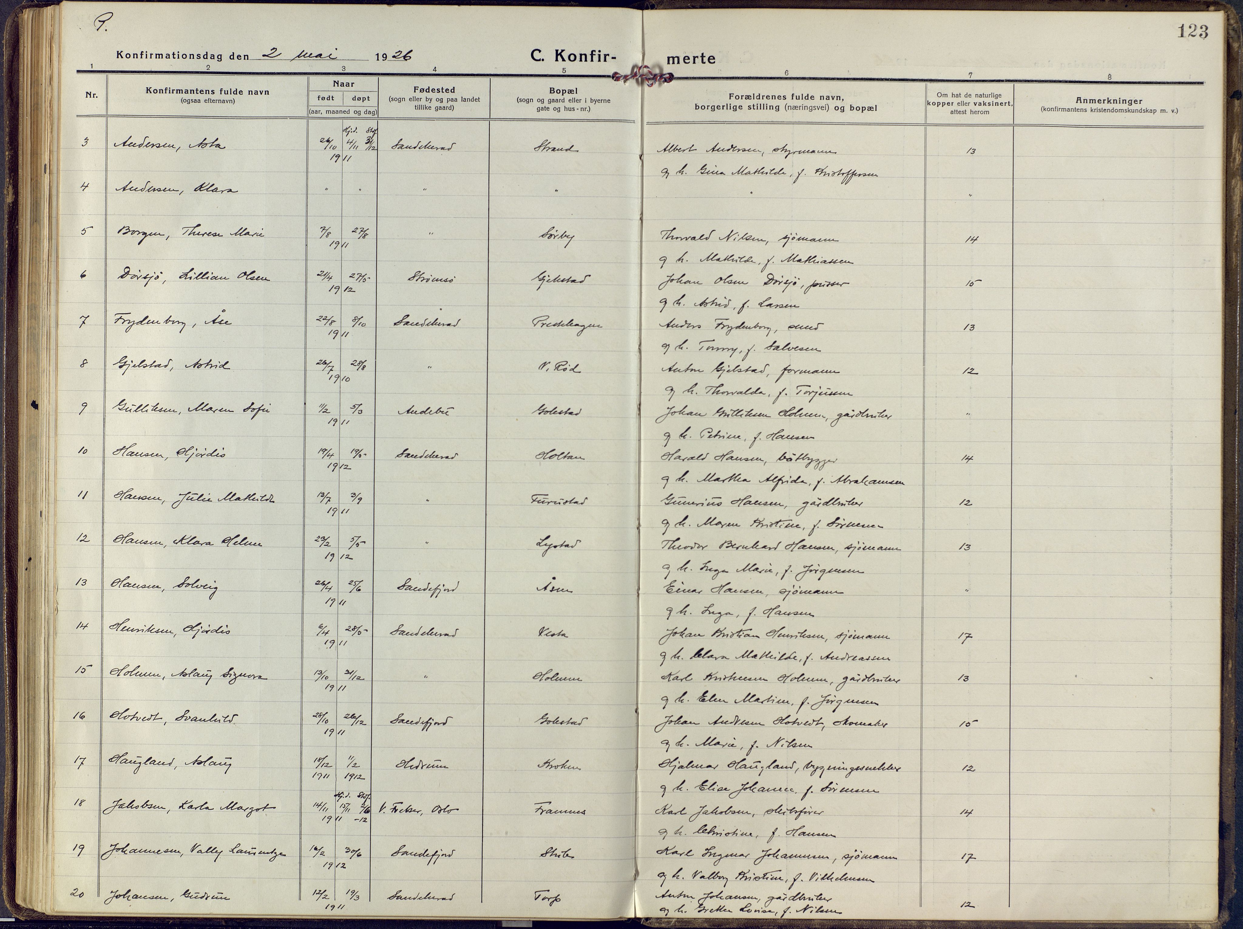 Sandar kirkebøker, SAKO/A-243/F/Fa/L0018: Parish register (official) no. 18, 1917-1926, p. 123
