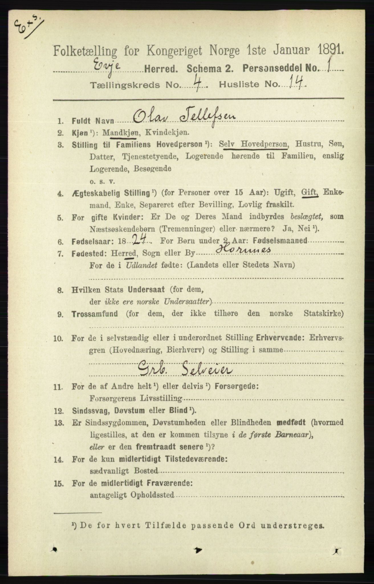 RA, Census 1891 for Nedenes amt: Gjenparter av personsedler for beslektede ektefeller, menn, 1891, p. 1008