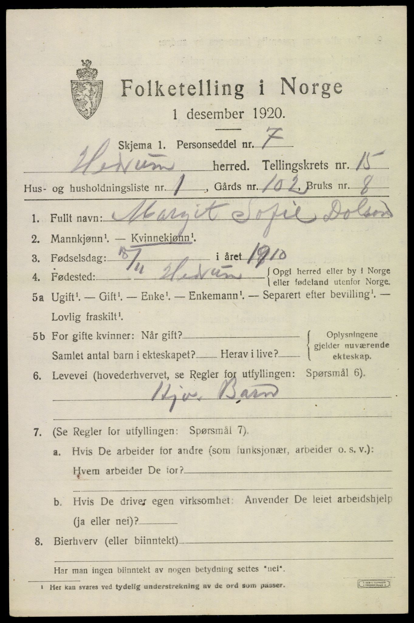 SAKO, 1920 census for Hedrum, 1920, p. 9895