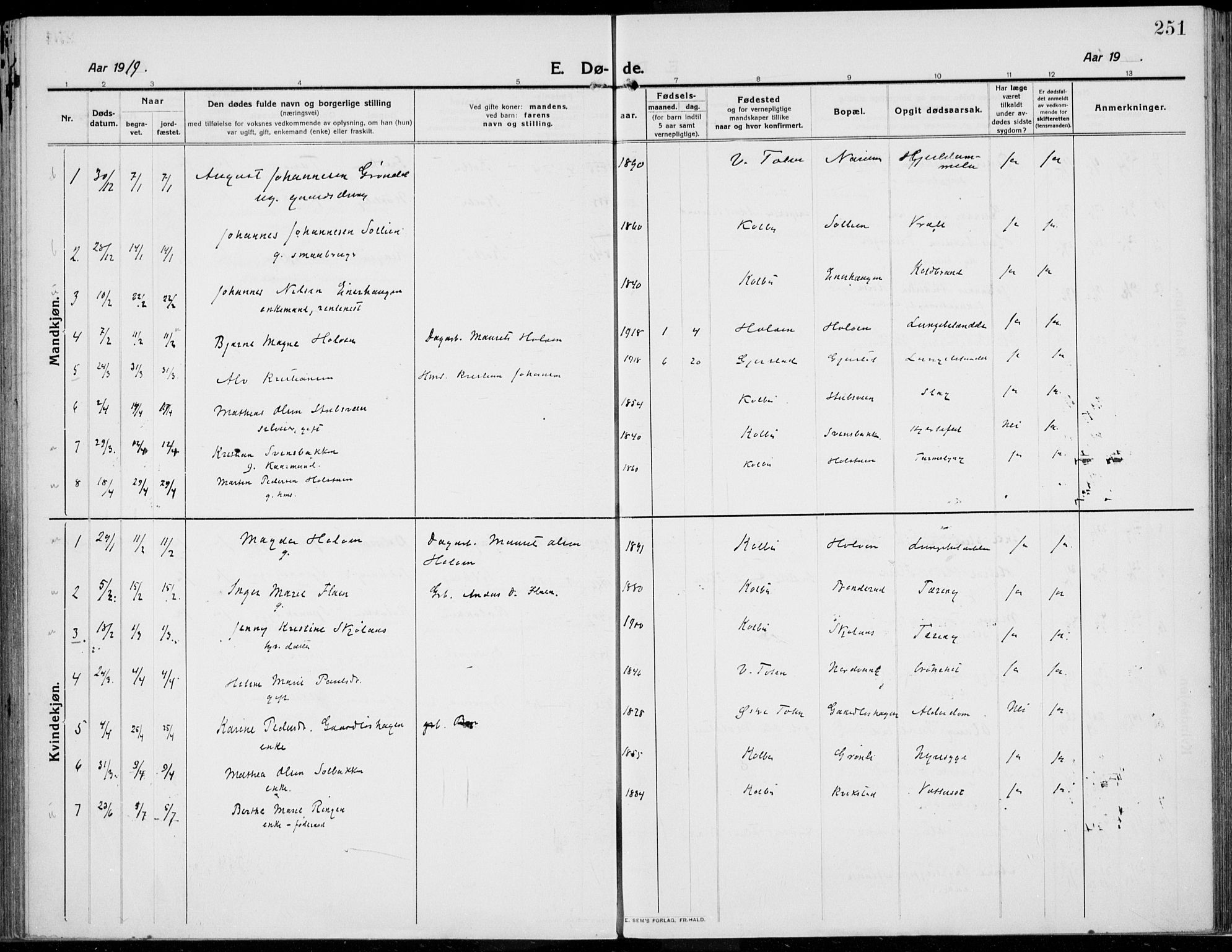 Kolbu prestekontor, SAH/PREST-110/H/Ha/Haa/L0002: Parish register (official) no. 2, 1912-1926, p. 251