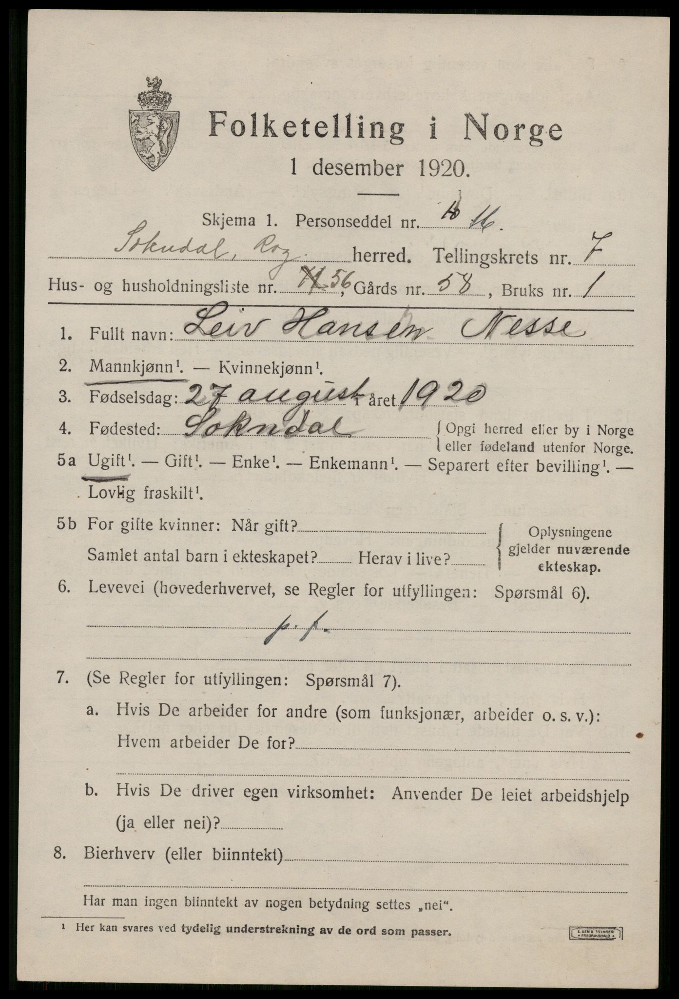 SAST, 1920 census for Sokndal, 1920, p. 4815