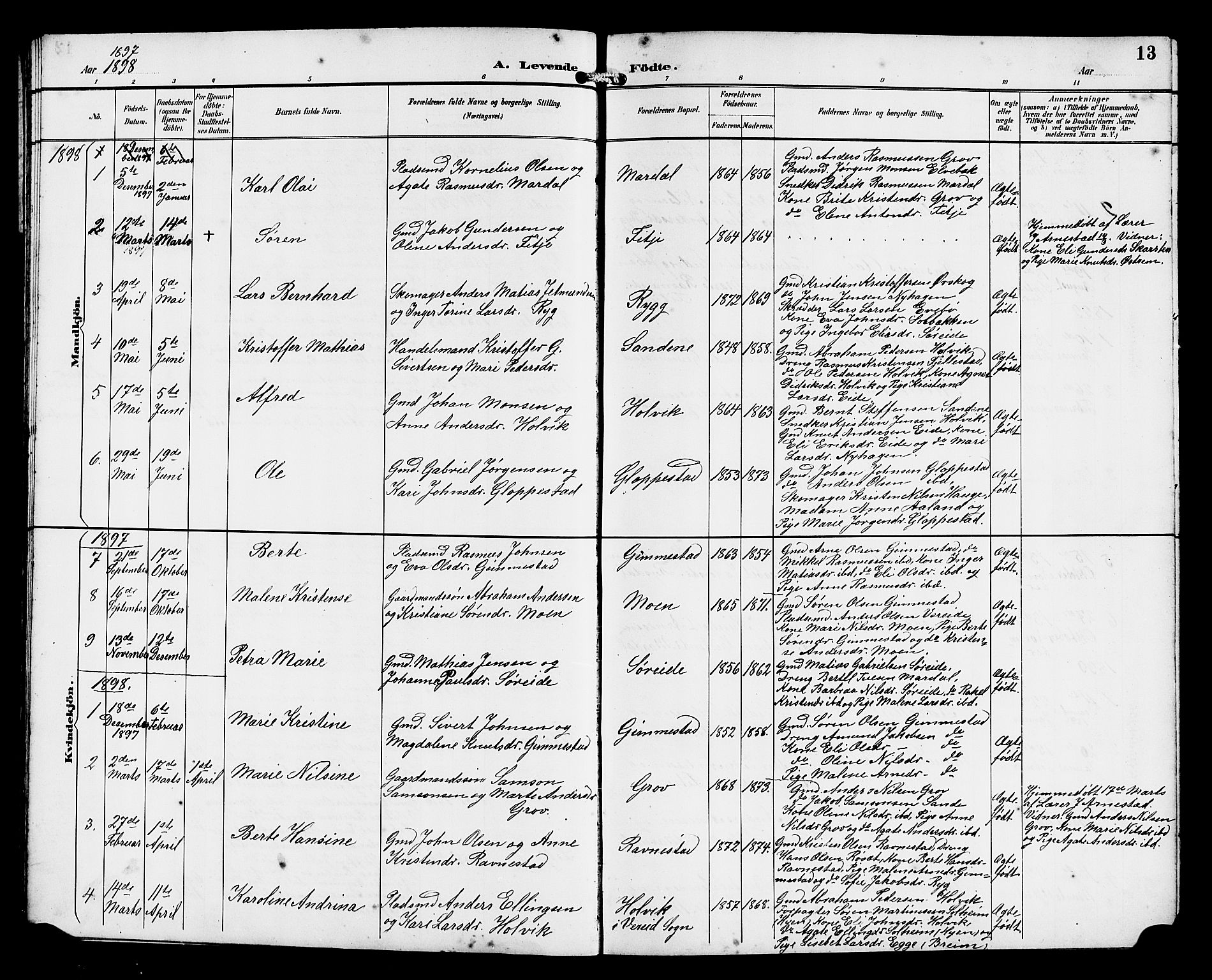 Gloppen sokneprestembete, SAB/A-80101/H/Hab/Habd/L0001: Parish register (copy) no. D 1, 1892-1921, p. 13