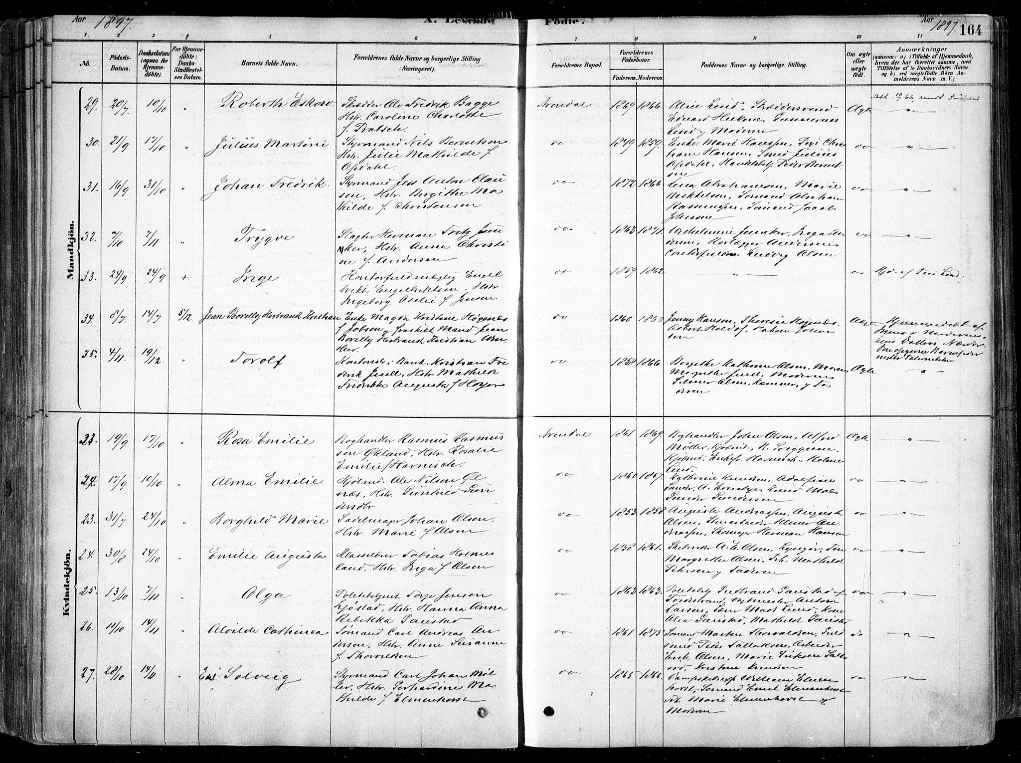 Arendal sokneprestkontor, Trefoldighet, SAK/1111-0040/F/Fa/L0008: Parish register (official) no. A 8, 1878-1899, p. 164