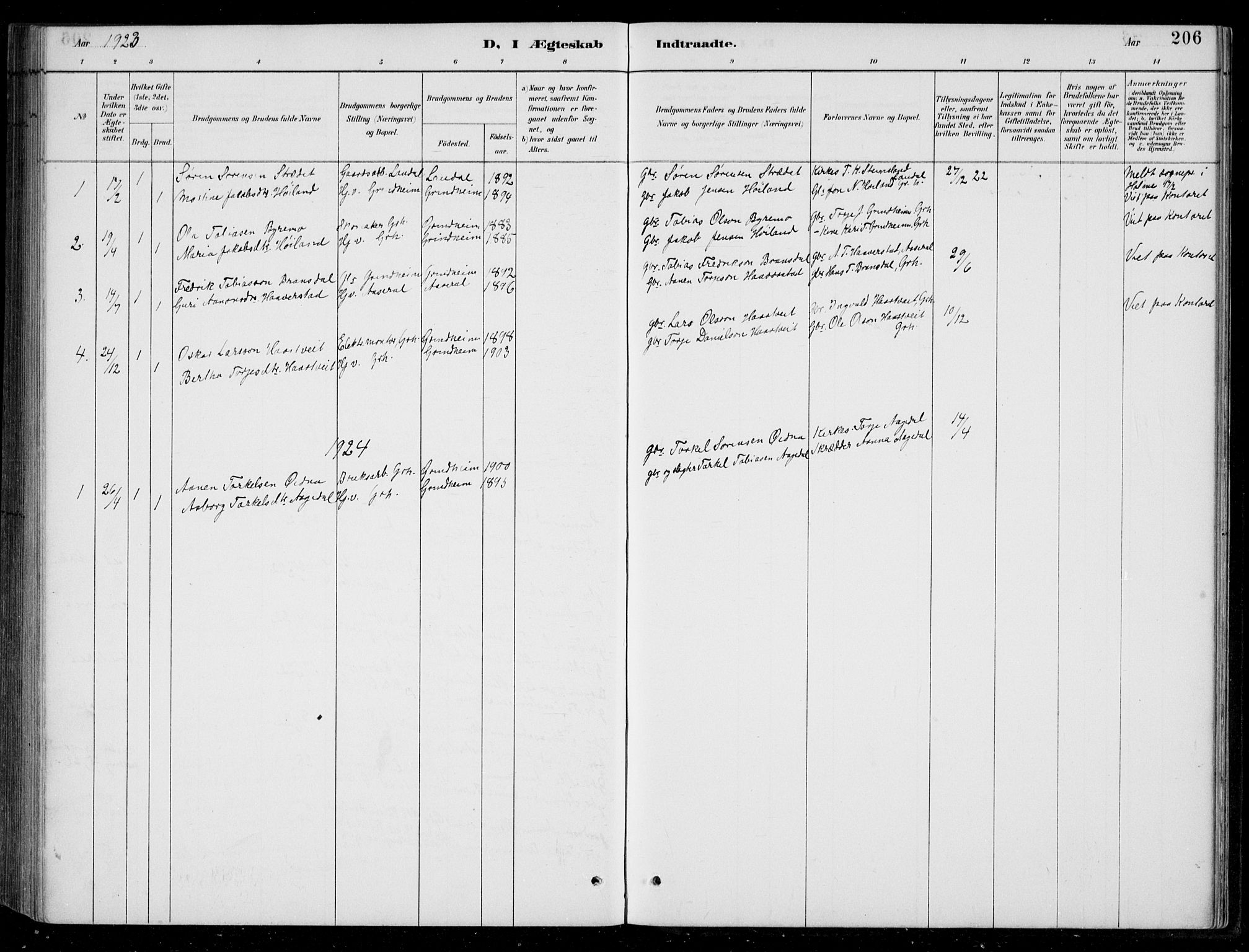 Bjelland sokneprestkontor, SAK/1111-0005/F/Fb/Fbc/L0003: Parish register (copy) no. B 3, 1887-1924, p. 206