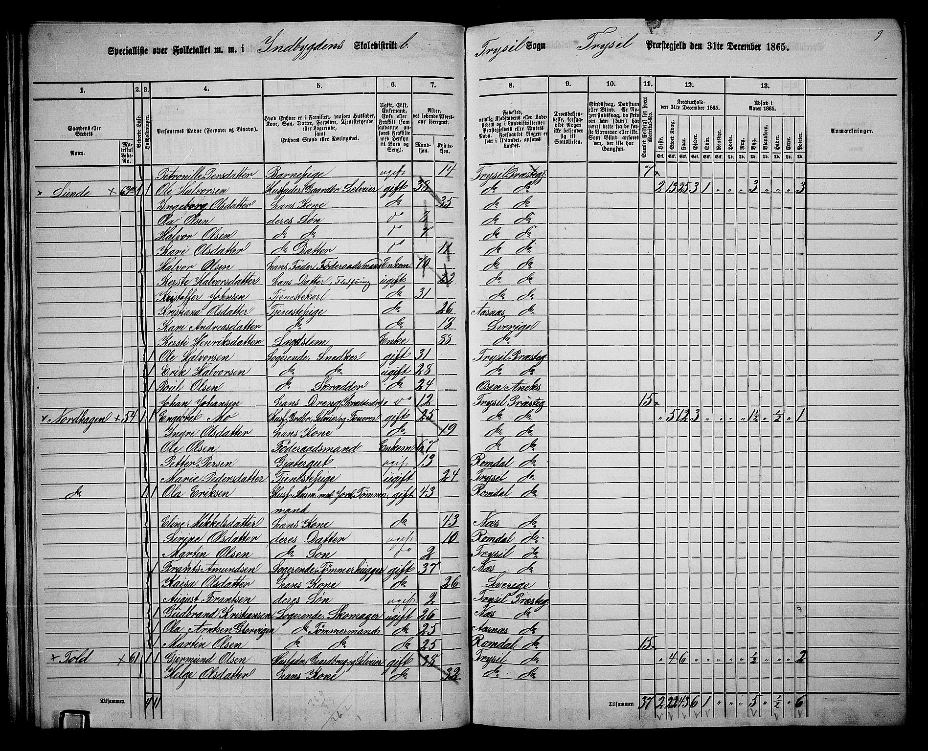 RA, 1865 census for Trysil, 1865, p. 38