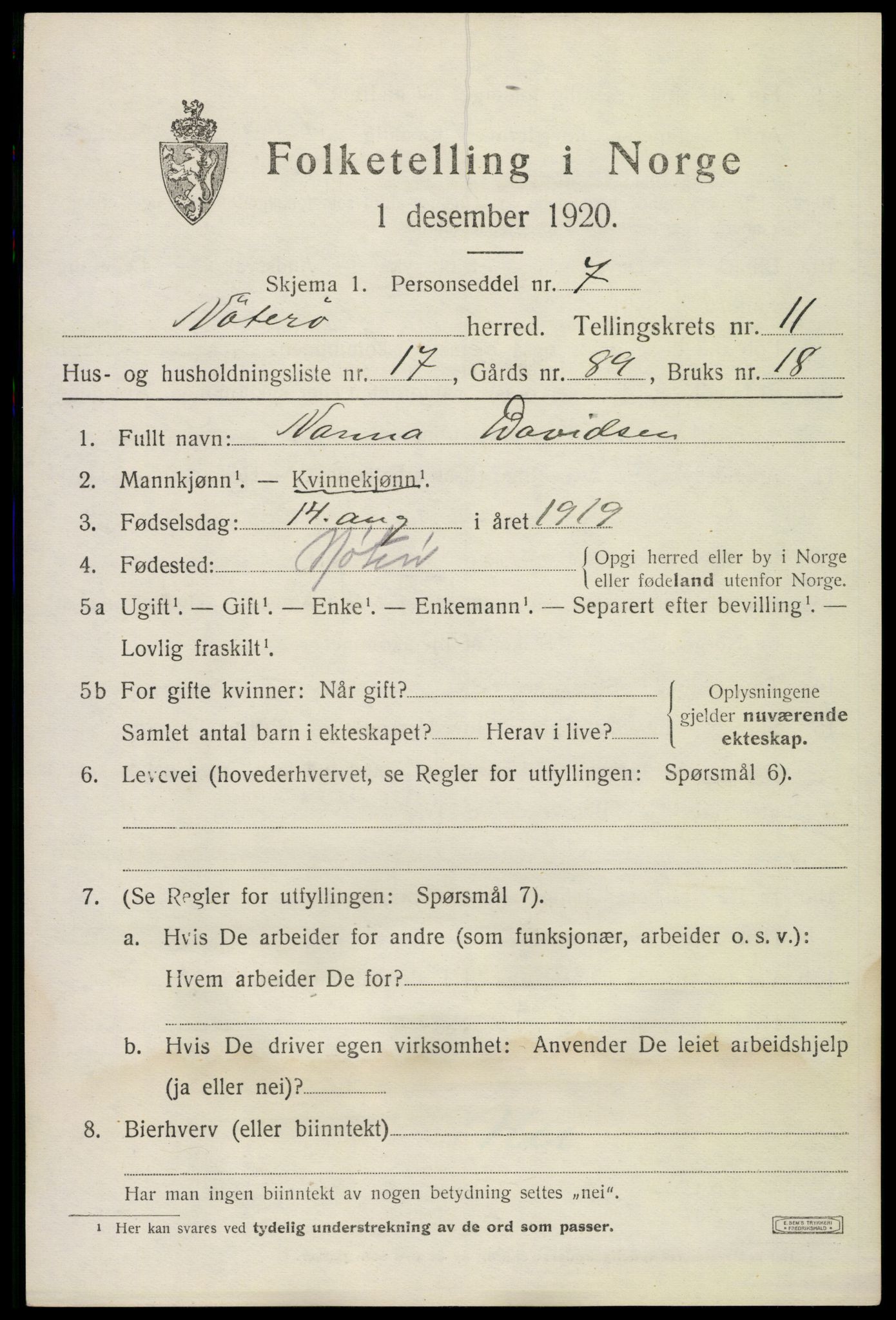 SAKO, 1920 census for Nøtterøy, 1920, p. 13723