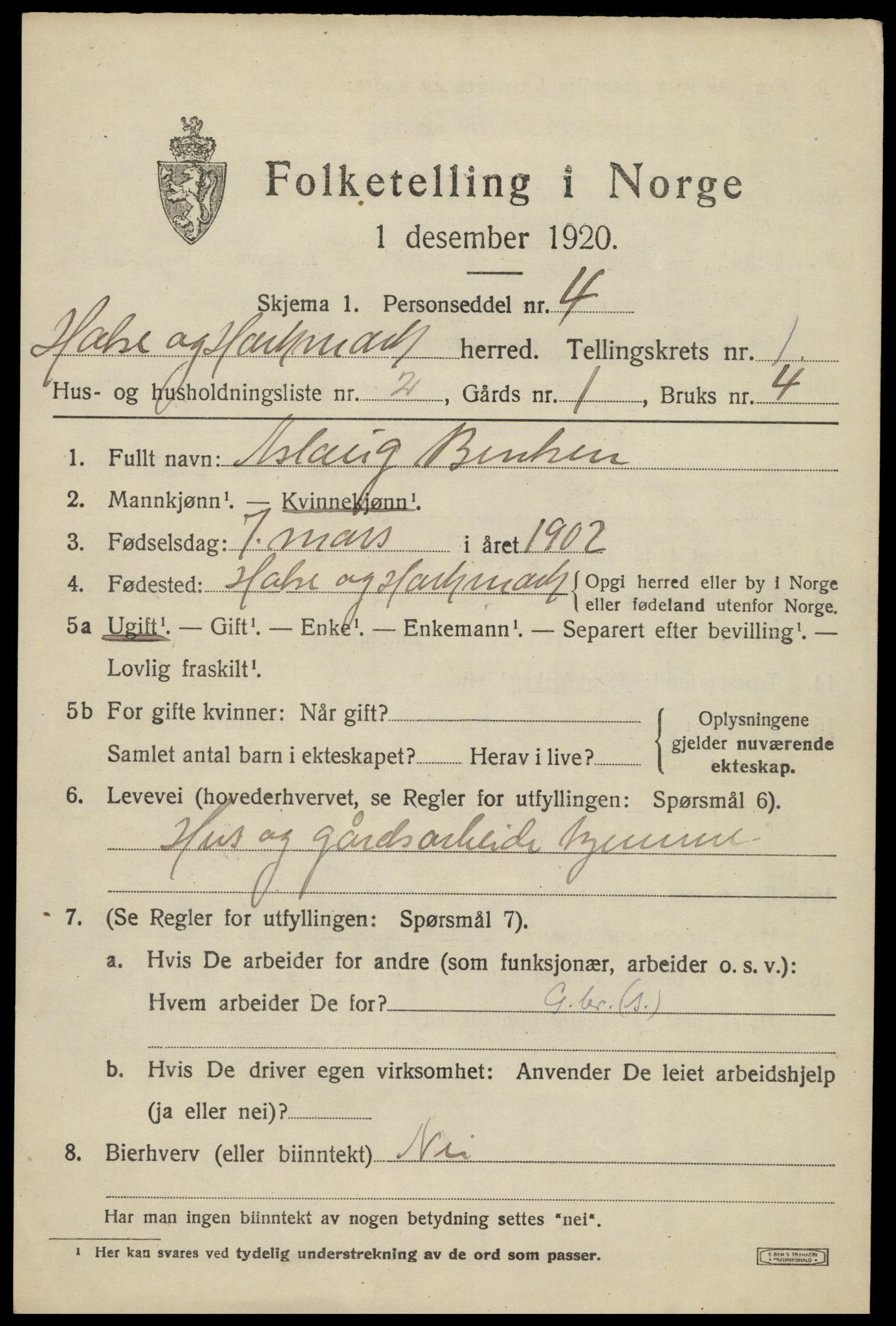 SAK, 1920 census for Halse og Harkmark, 1920, p. 1497