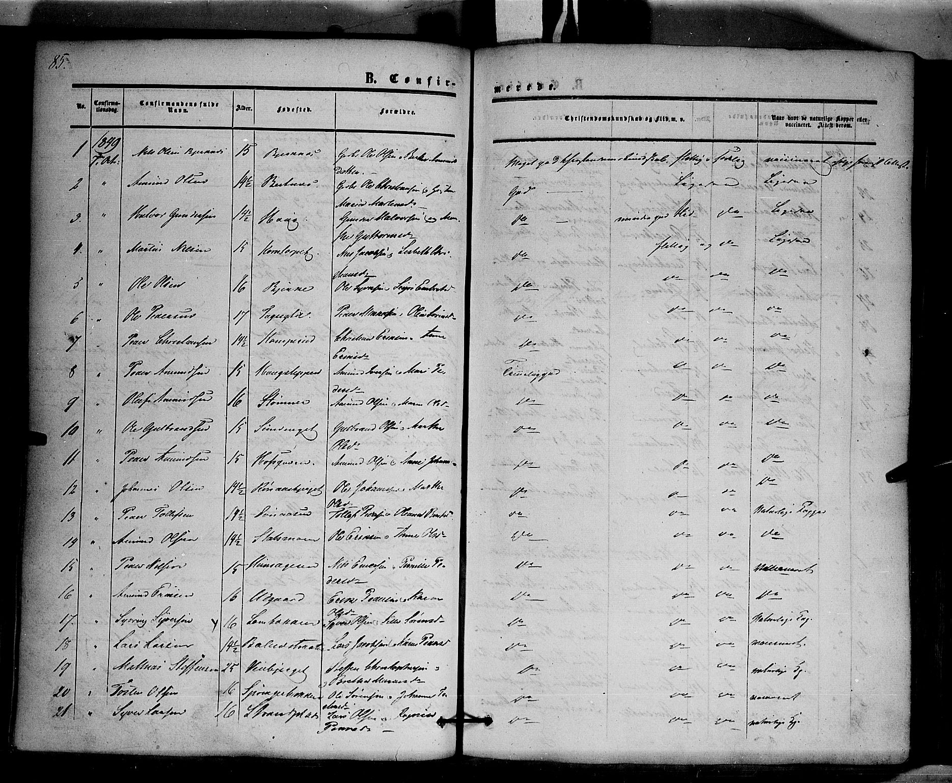 Hof prestekontor, SAH/PREST-038/H/Ha/Haa/L0008: Parish register (official) no. 8, 1849-1861, p. 85