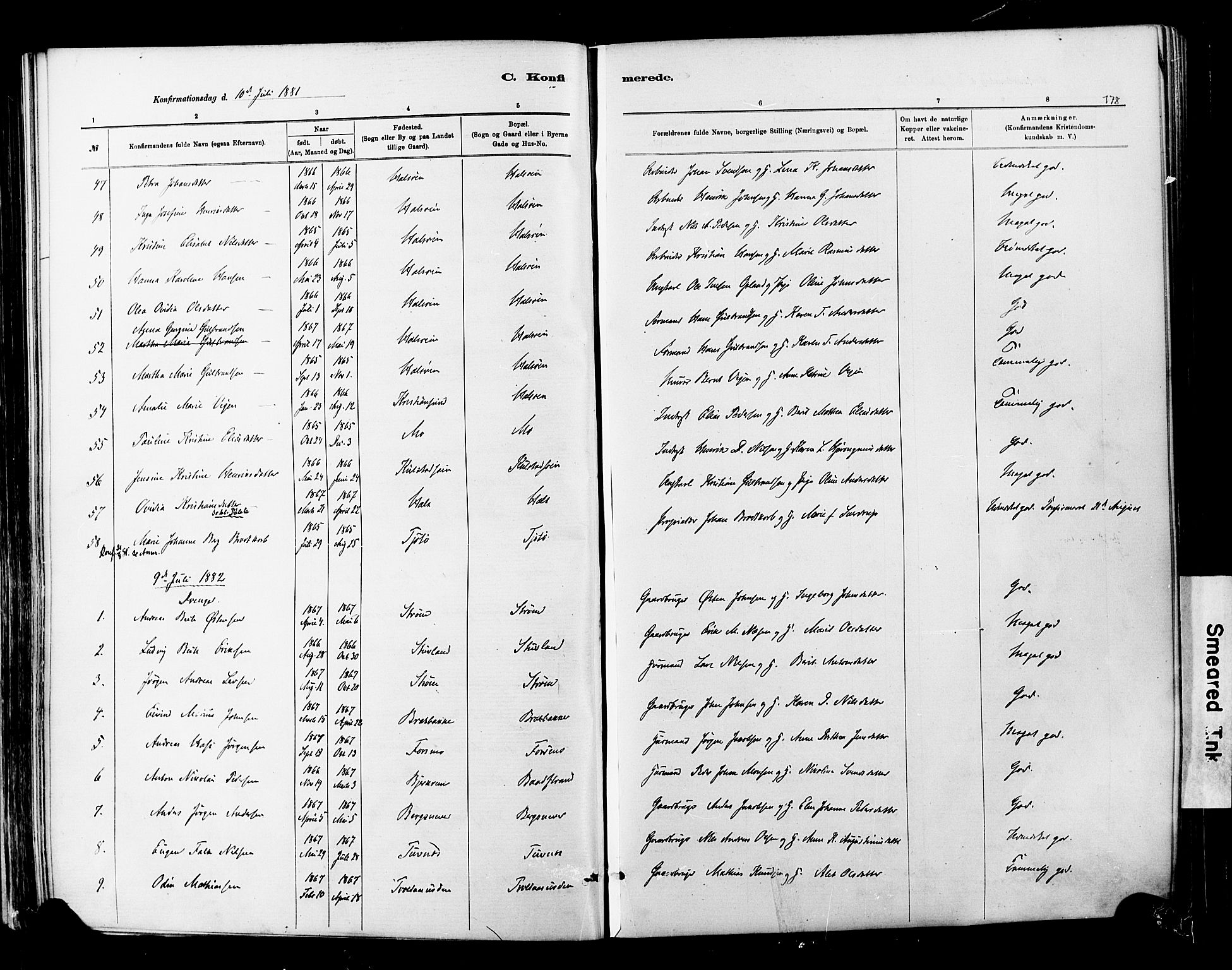 Ministerialprotokoller, klokkerbøker og fødselsregistre - Nordland, AV/SAT-A-1459/820/L0295: Parish register (official) no. 820A16, 1880-1896, p. 178