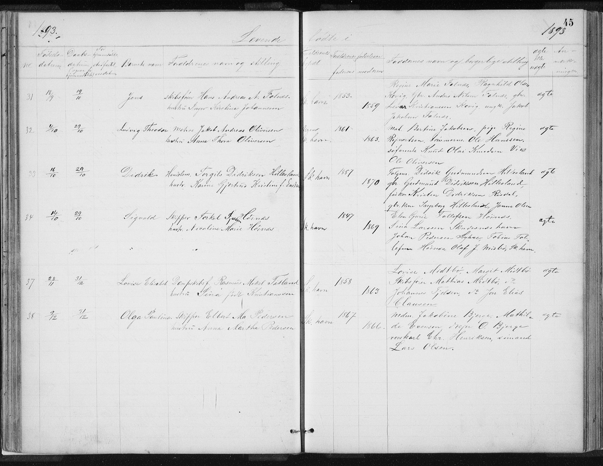 Skudenes sokneprestkontor, AV/SAST-A -101849/H/Ha/Hab/L0007: Parish register (copy) no. B 7, 1885-1899, p. 45
