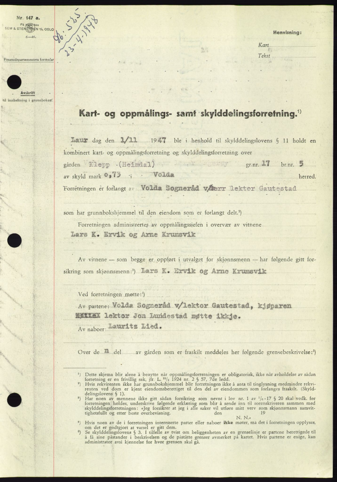 Søre Sunnmøre sorenskriveri, AV/SAT-A-4122/1/2/2C/L0082: Mortgage book no. 8A, 1948-1948, Diary no: : 525/1948