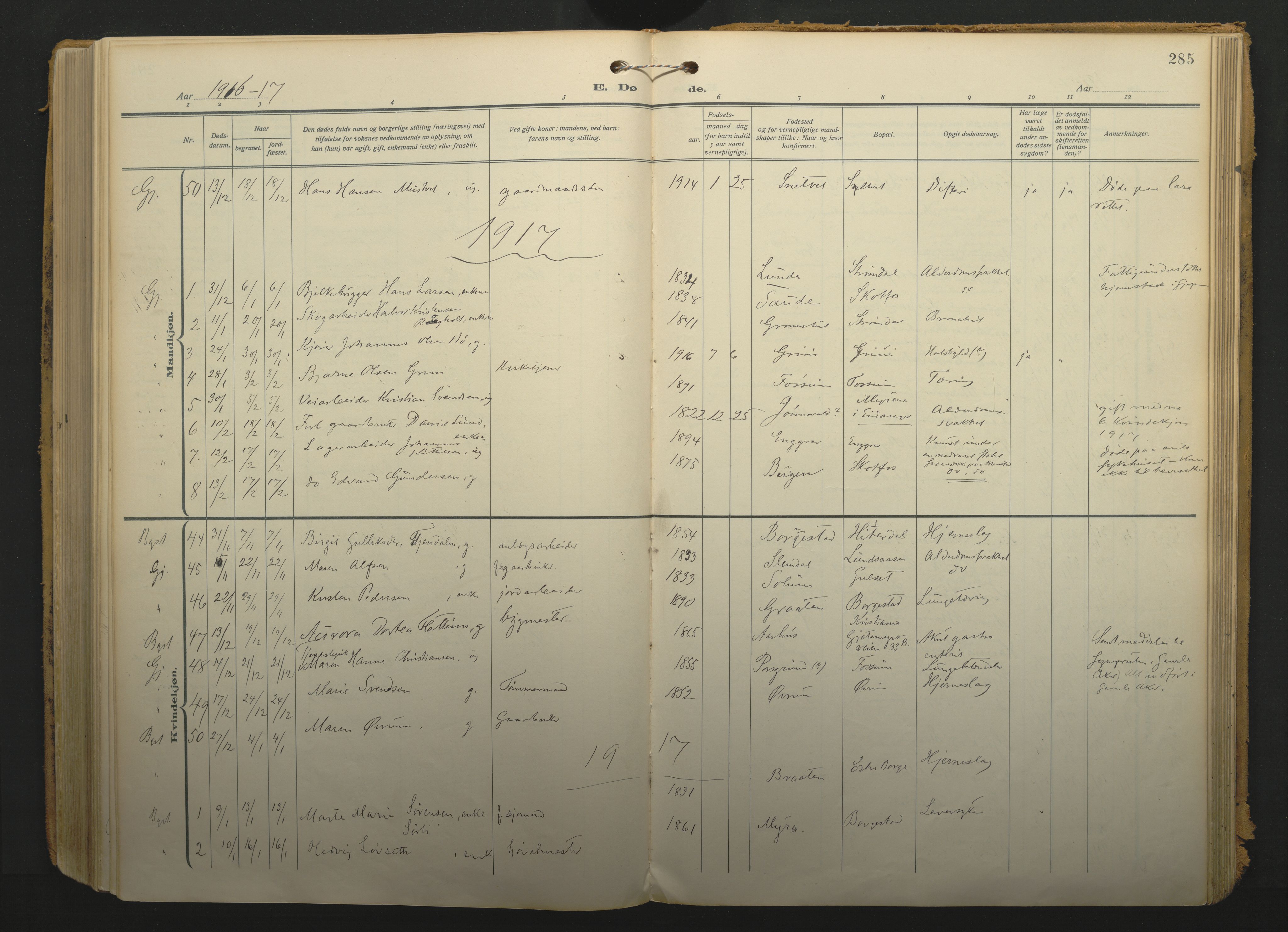 Gjerpen kirkebøker, SAKO/A-265/F/Fa/L0013: Parish register (official) no. I 13, 1914-1924, p. 285