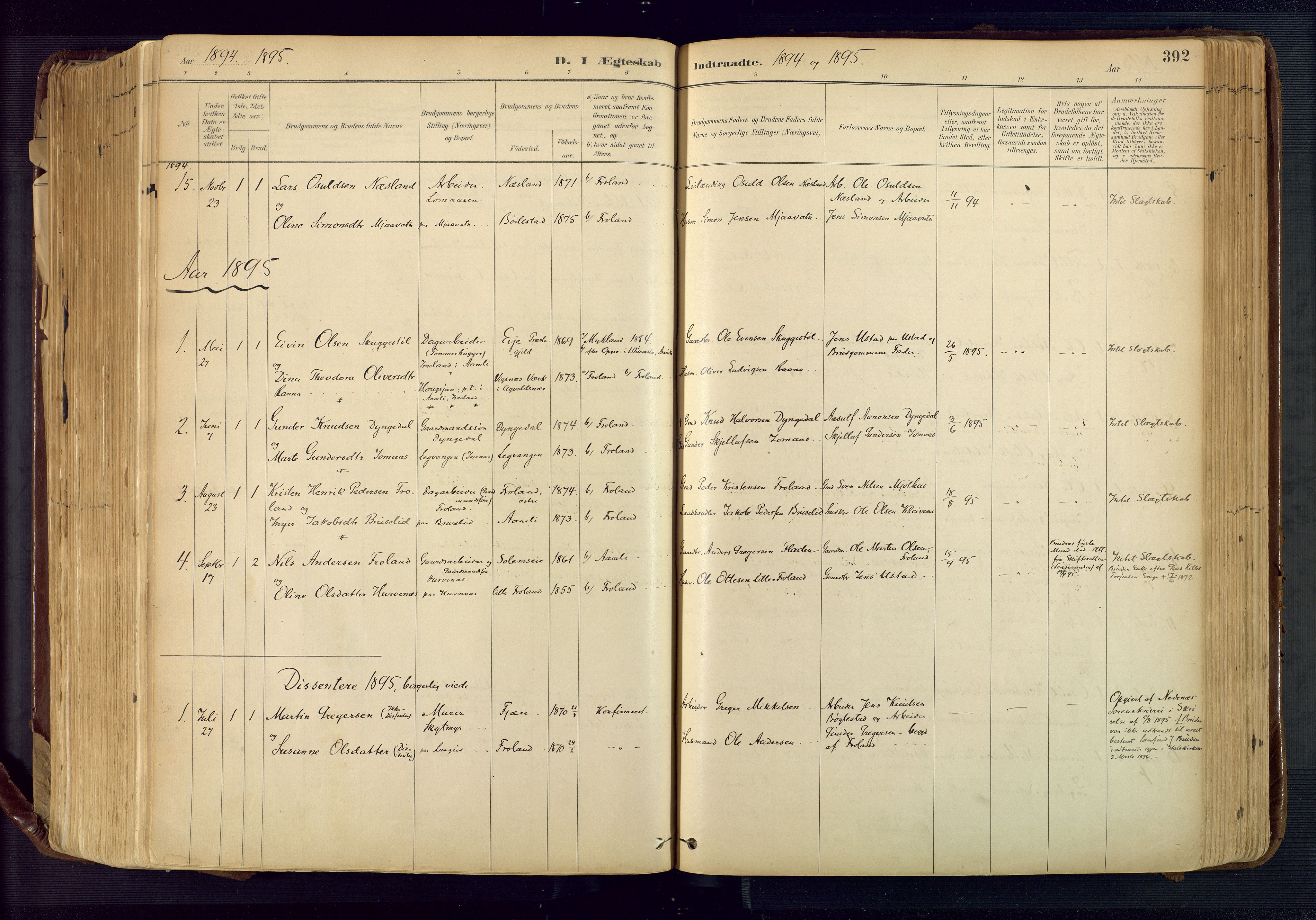 Froland sokneprestkontor, AV/SAK-1111-0013/F/Fa/L0005: Parish register (official) no. A 5, 1882-1921, p. 392
