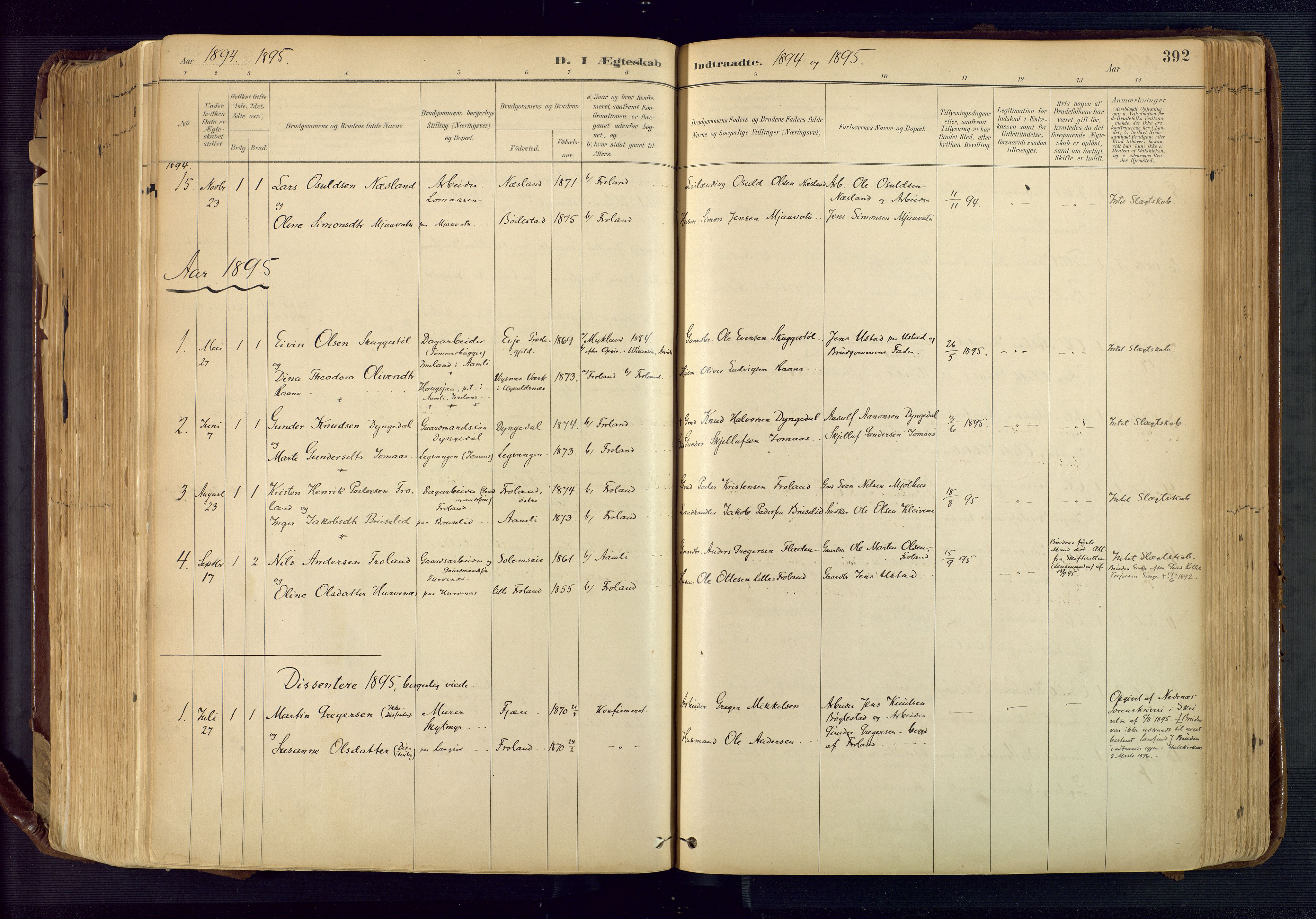 Froland sokneprestkontor, SAK/1111-0013/F/Fa/L0005: Parish register (official) no. A 5, 1882-1921, p. 392