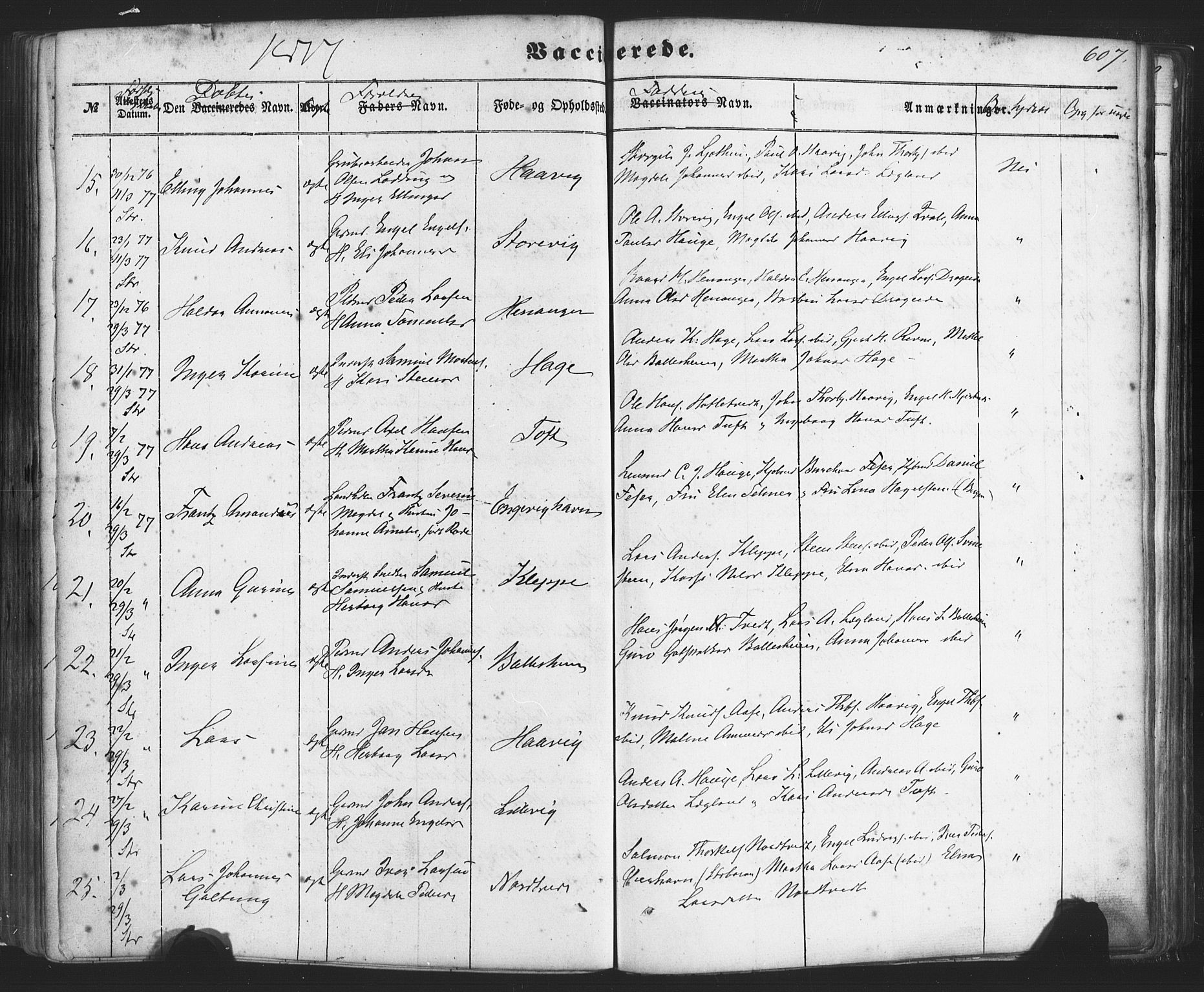 Fusa sokneprestembete, AV/SAB-A-75401/H/Haa: Parish register (official) no. A 1II, 1855-1879, p. 607