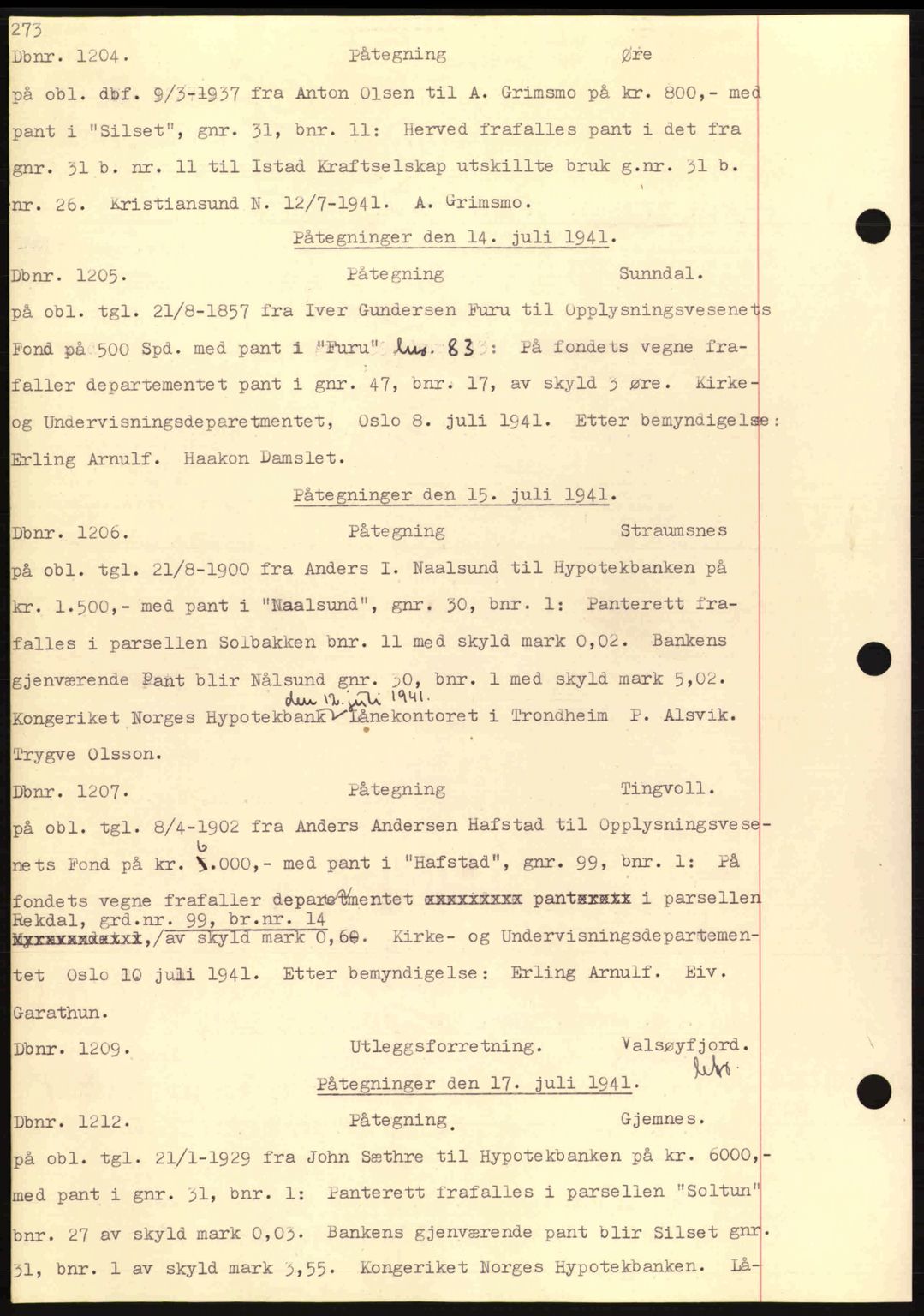 Nordmøre sorenskriveri, AV/SAT-A-4132/1/2/2Ca: Mortgage book no. C81, 1940-1945, Diary no: : 1204/1941