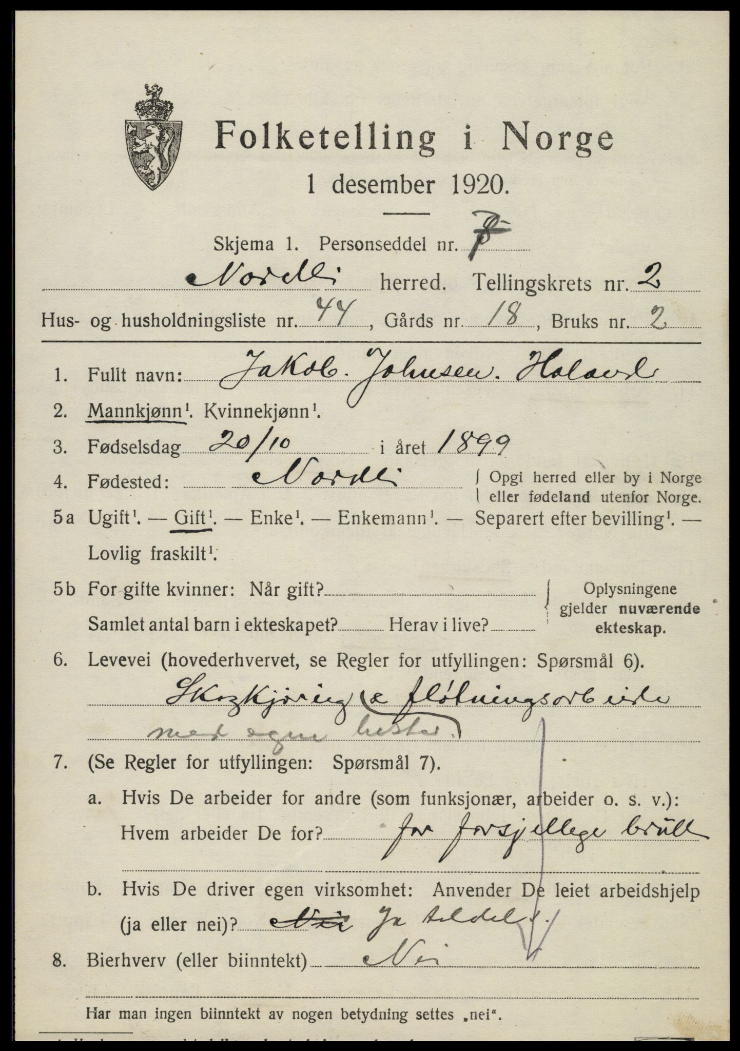 SAT, 1920 census for Nordli, 1920, p. 1399