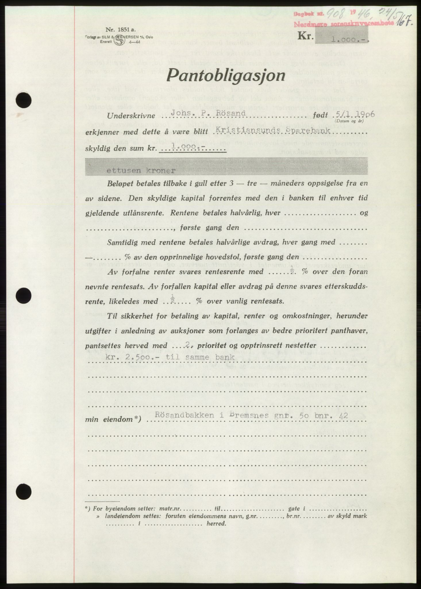 Nordmøre sorenskriveri, AV/SAT-A-4132/1/2/2Ca: Mortgage book no. B94, 1946-1946, Diary no: : 908/1946