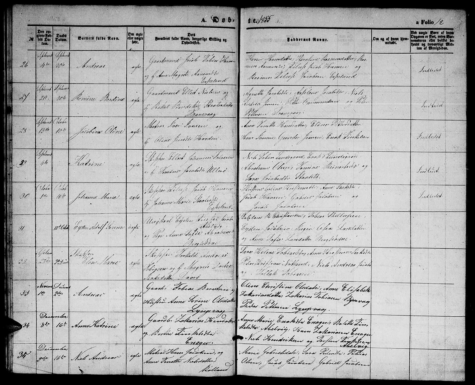 Herad sokneprestkontor, AV/SAK-1111-0018/F/Fb/Fbb/L0002: Parish register (copy) no. B 2, 1853-1871, p. 12