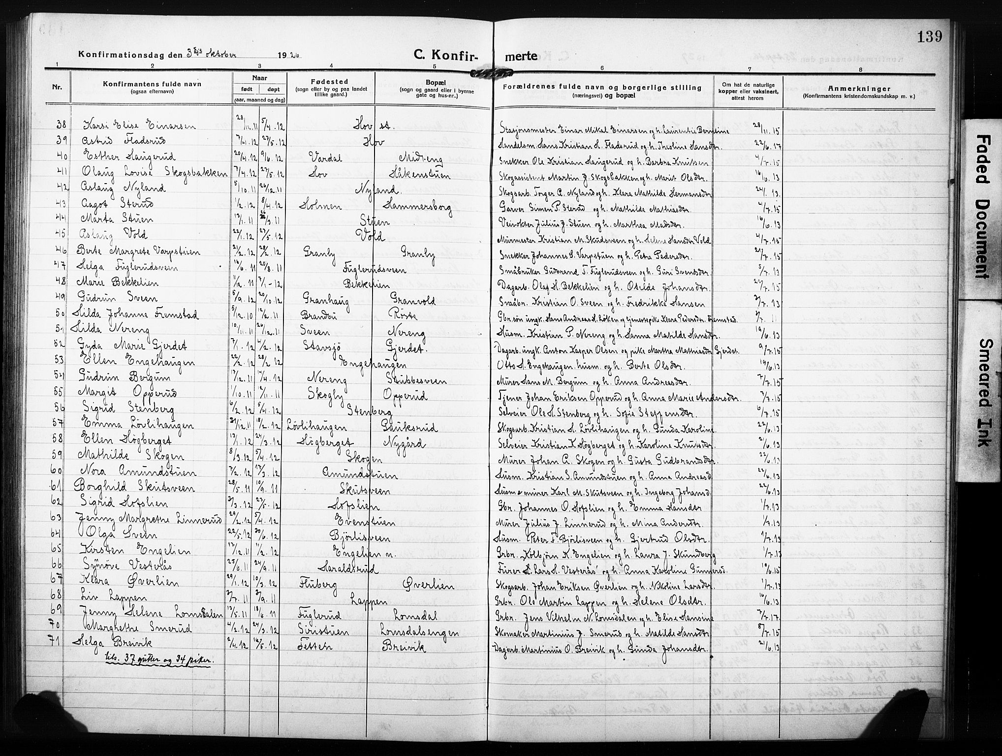 Søndre Land prestekontor, SAH/PREST-122/L/L0007: Parish register (copy) no. 7, 1915-1932, p. 139