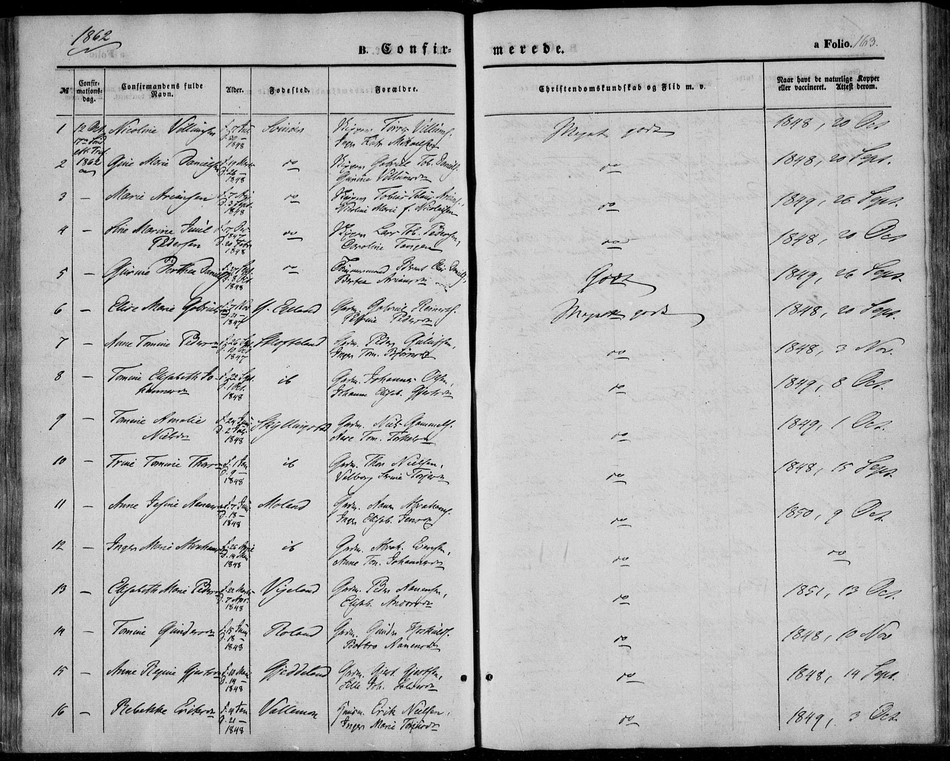 Sør-Audnedal sokneprestkontor, SAK/1111-0039/F/Fa/Fab/L0007: Parish register (official) no. A 7, 1855-1876, p. 163