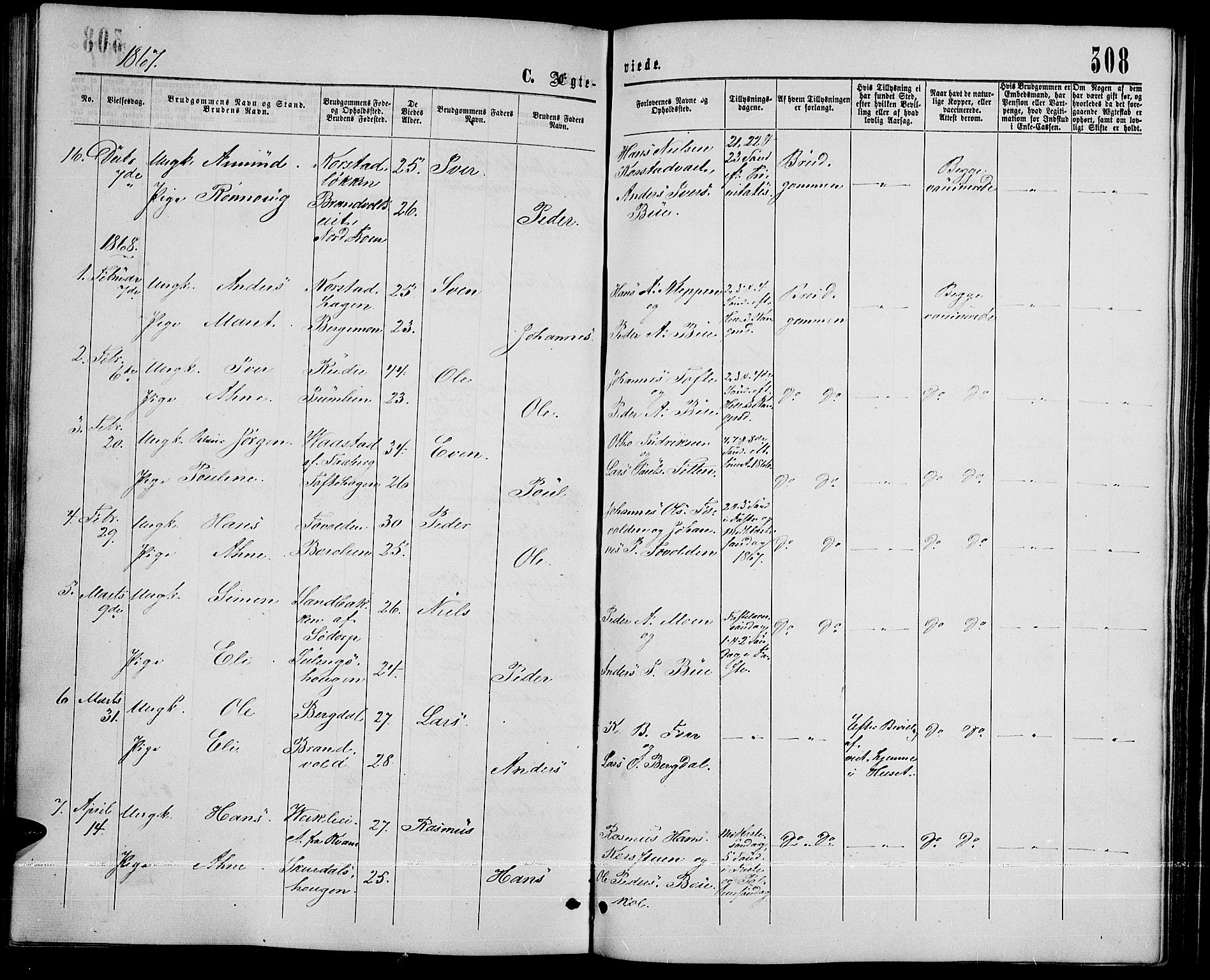 Sør-Fron prestekontor, SAH/PREST-010/H/Ha/Hab/L0002: Parish register (copy) no. 2, 1864-1883, p. 308