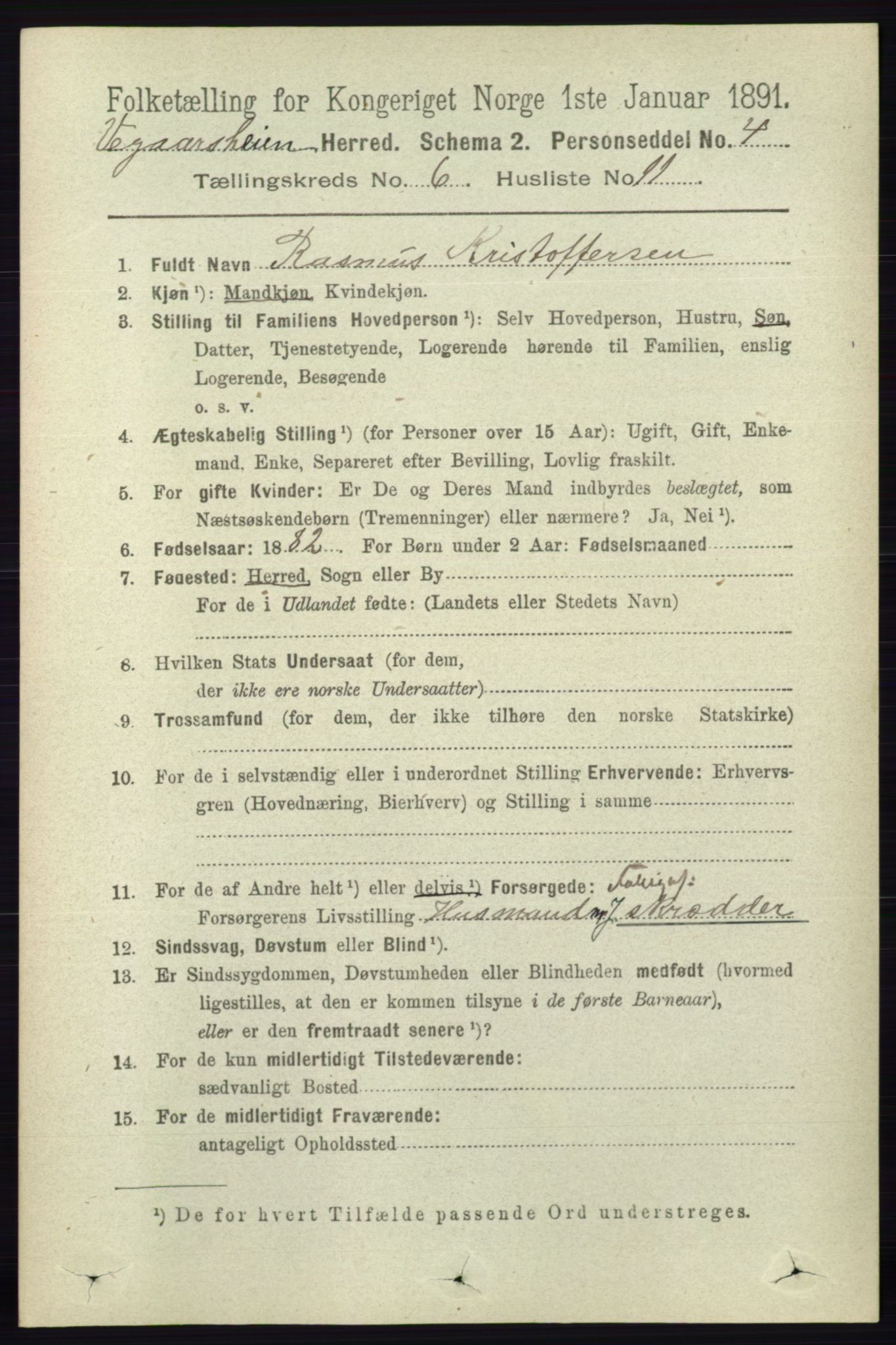 RA, 1891 census for 0912 Vegårshei, 1891, p. 1235