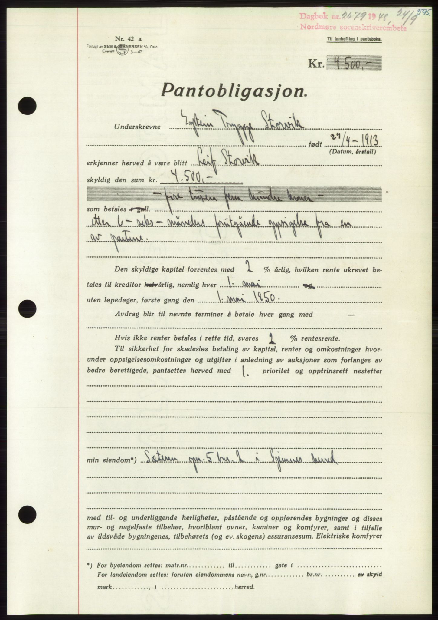 Nordmøre sorenskriveri, AV/SAT-A-4132/1/2/2Ca: Mortgage book no. B99, 1948-1948, Diary no: : 2679/1948