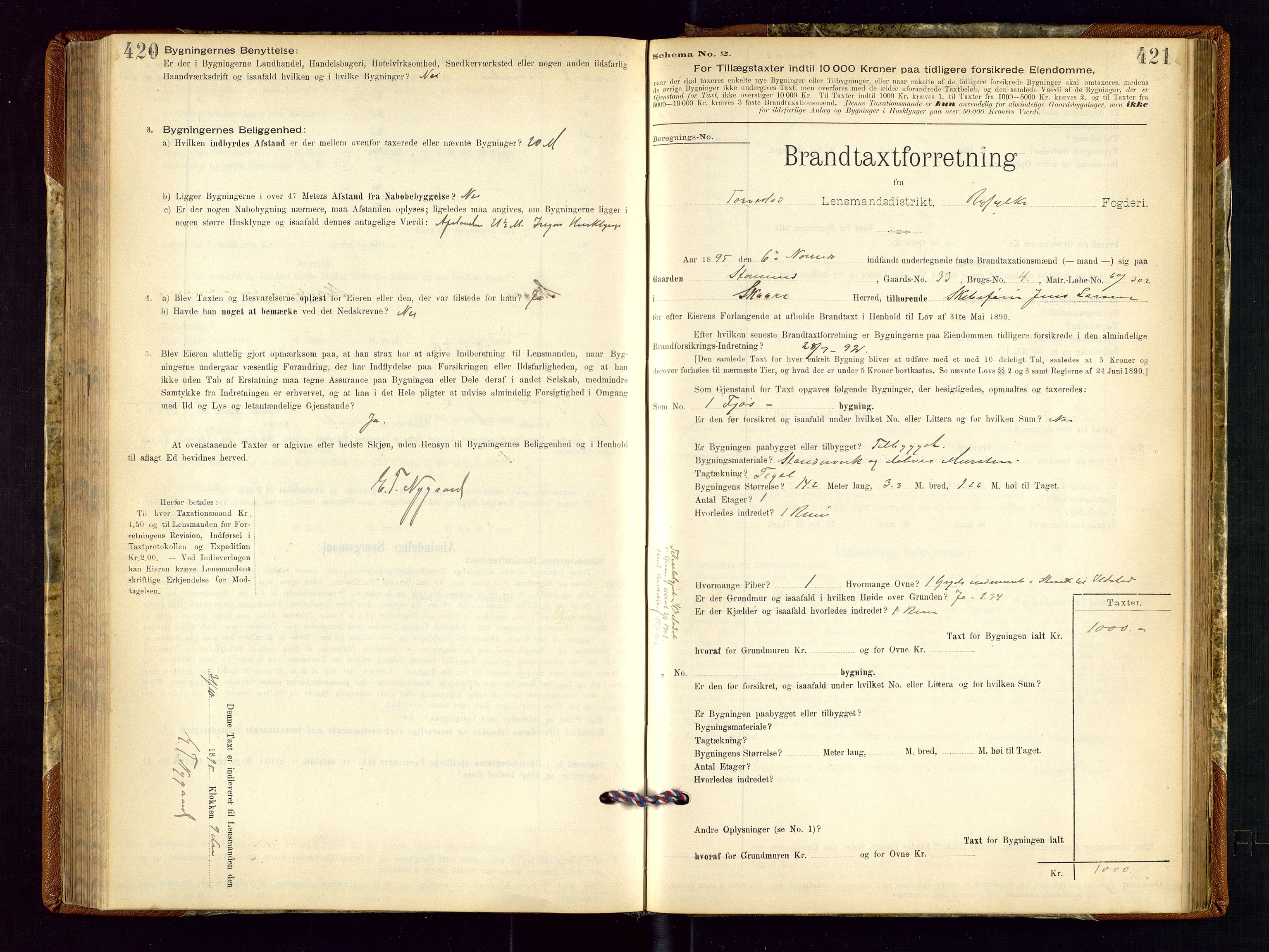Torvestad lensmannskontor, SAST/A-100307/1/Gob/L0001: "Brandtaxationsprotokol for Torvestad Lensmannsdistrikt", 1895-1904, p. 420-421