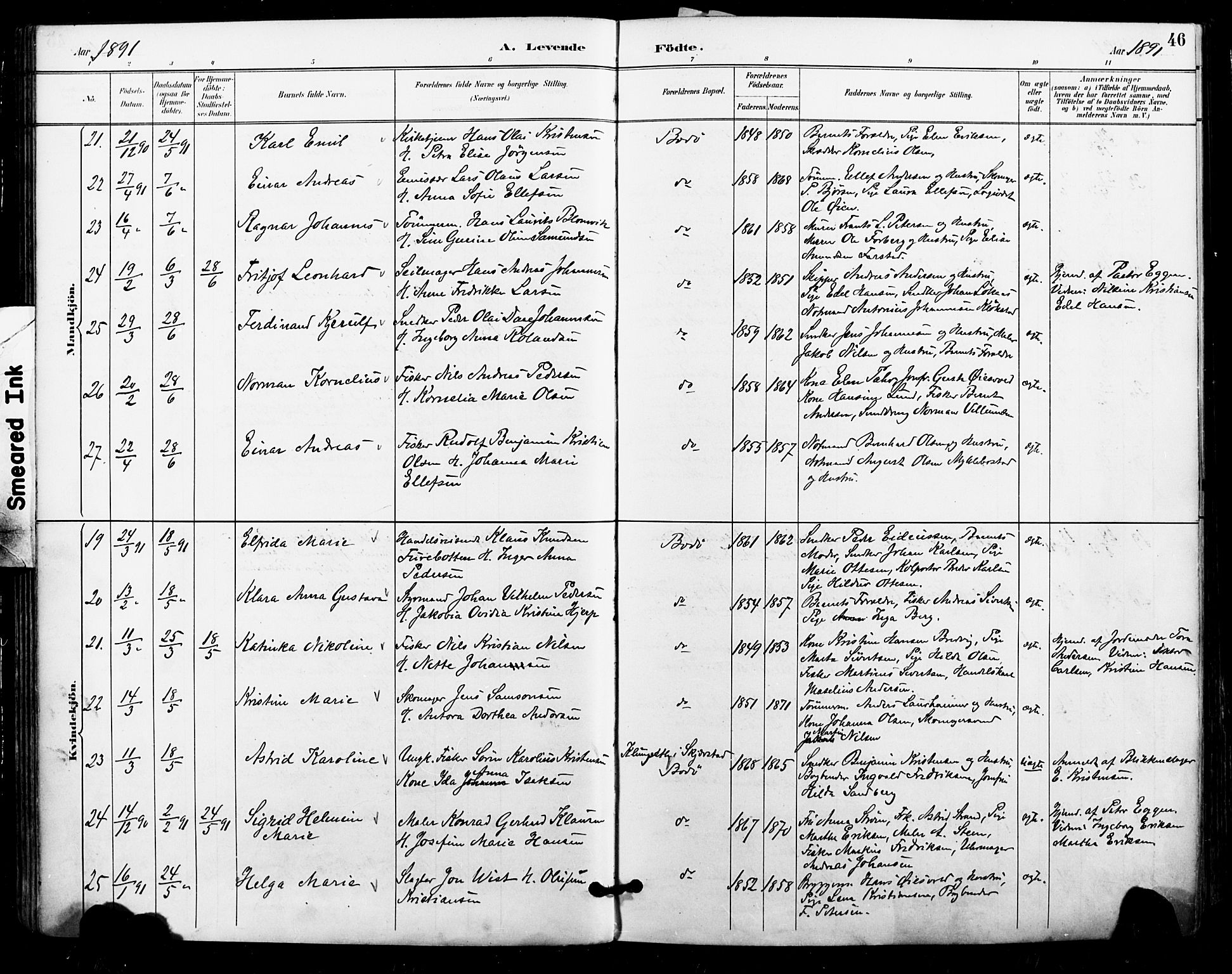 Ministerialprotokoller, klokkerbøker og fødselsregistre - Nordland, AV/SAT-A-1459/801/L0010: Parish register (official) no. 801A10, 1888-1899, p. 46