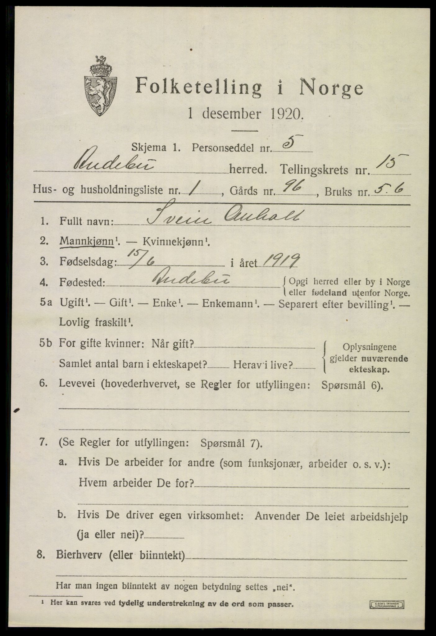 SAKO, 1920 census for Andebu, 1920, p. 5346