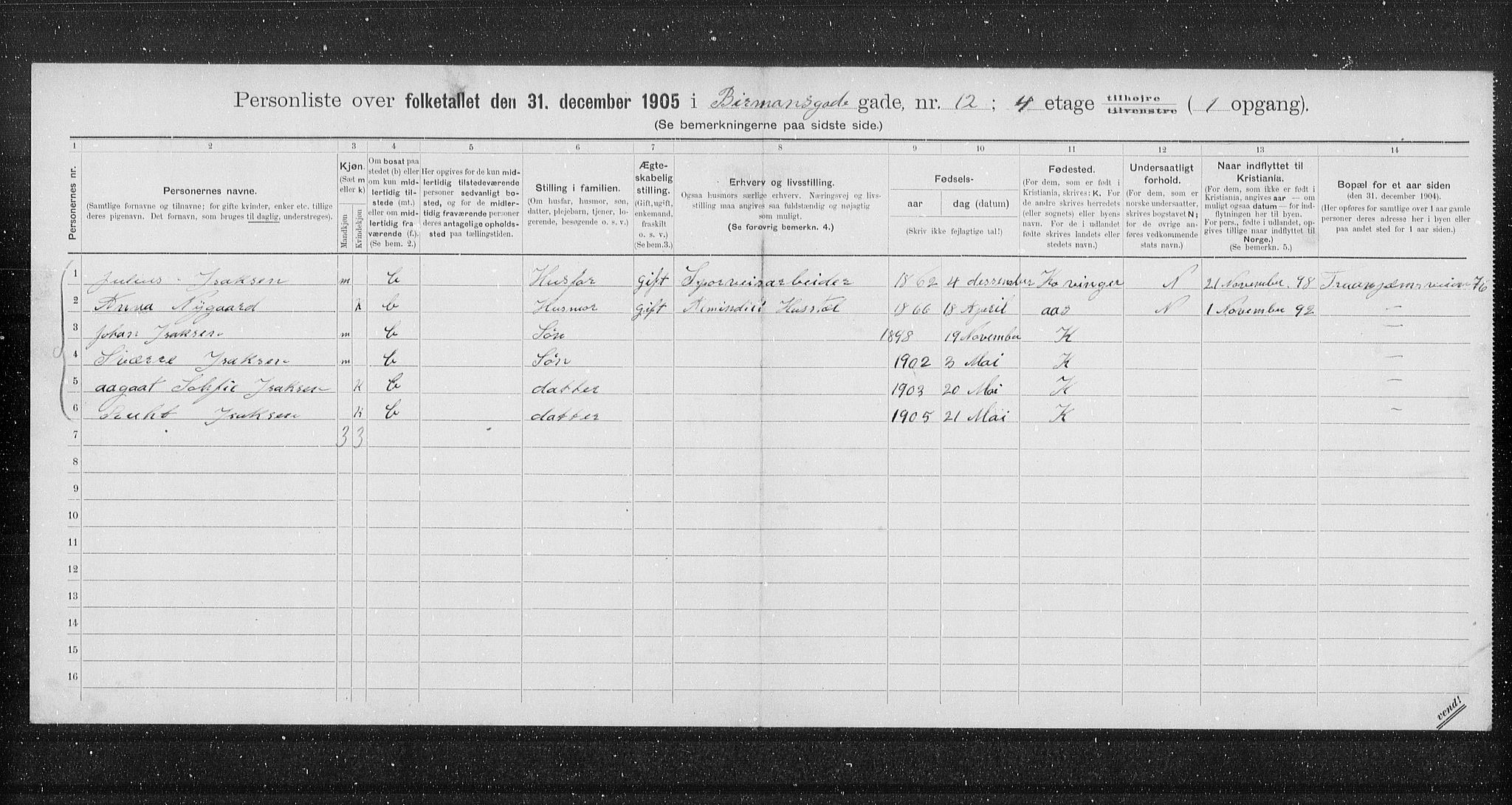 OBA, Municipal Census 1905 for Kristiania, 1905, p. 2375