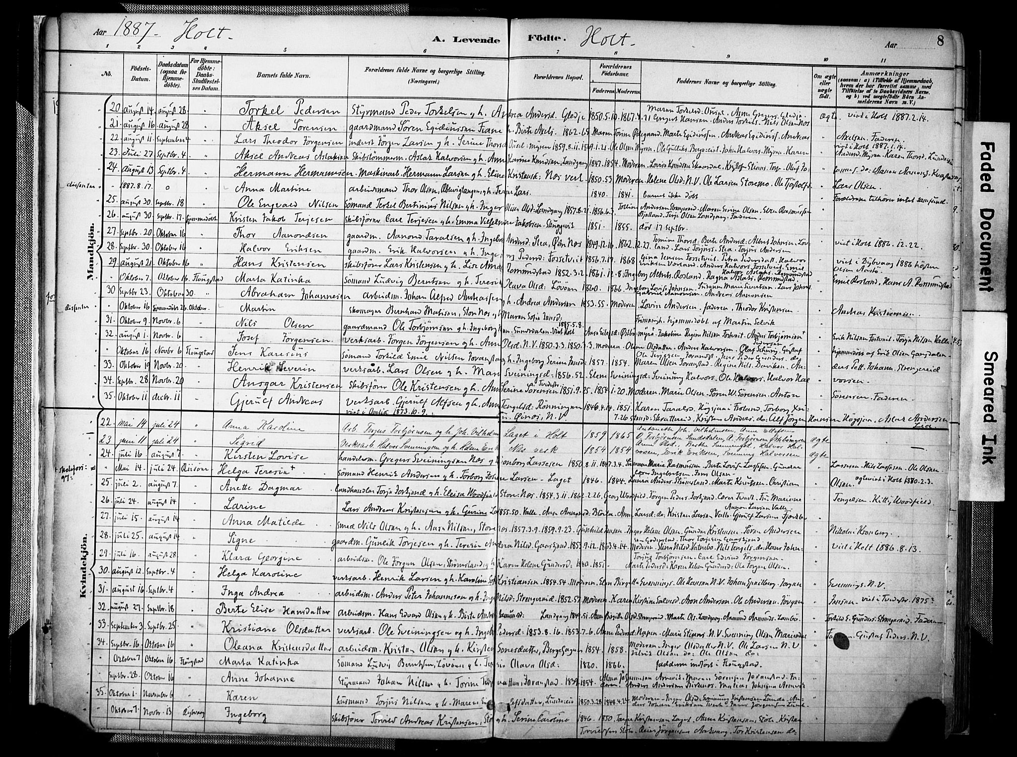 Holt sokneprestkontor, SAK/1111-0021/F/Fa/L0012: Parish register (official) no. A 12, 1885-1907, p. 8