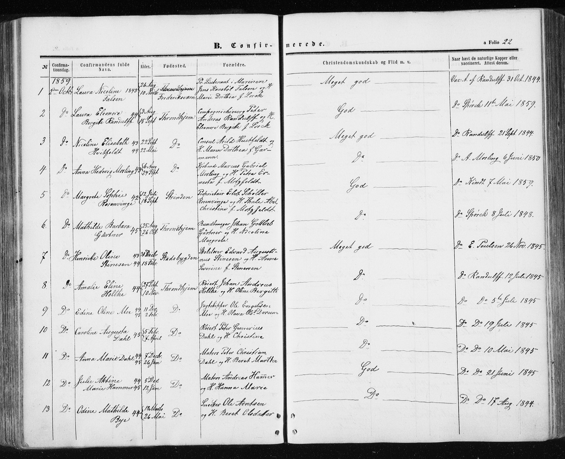 Ministerialprotokoller, klokkerbøker og fødselsregistre - Sør-Trøndelag, AV/SAT-A-1456/601/L0053: Parish register (official) no. 601A21, 1857-1865, p. 22