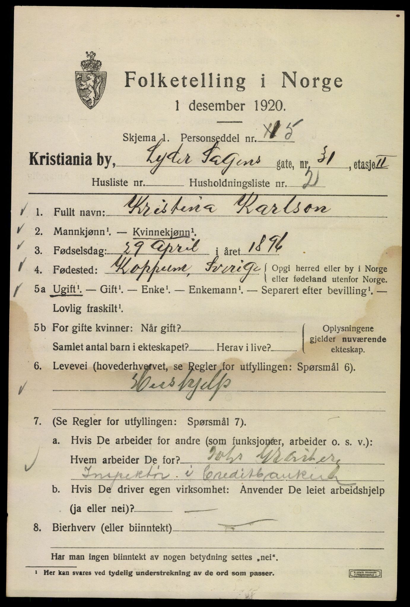 SAO, 1920 census for Kristiania, 1920, p. 366929